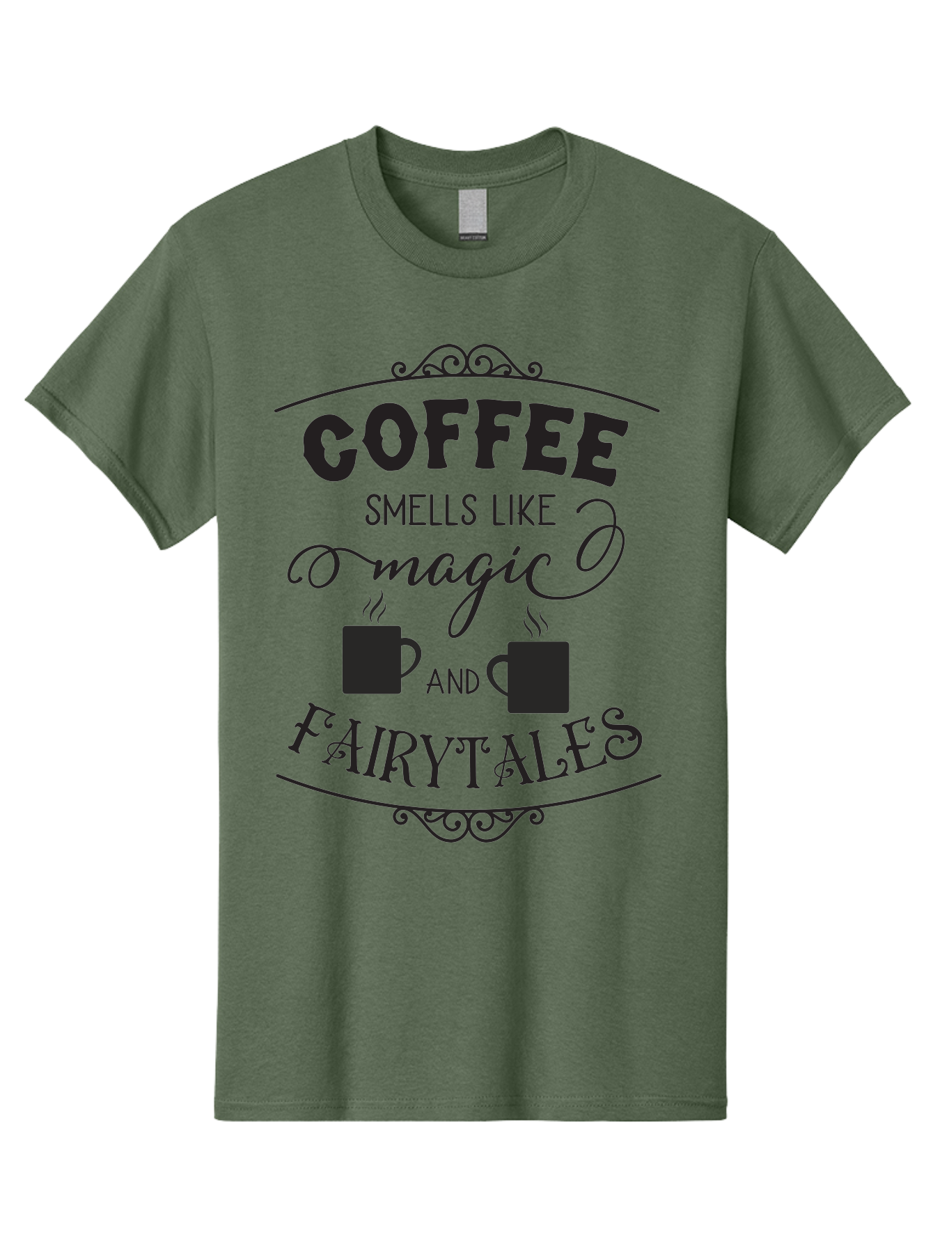 Coffee-Smells-Like-Magic-And-Fairytales Men'S Graphic Tee, 100% Cotton, Comfortable Casual Summer Wear, Machine Washable, Coffee Quote, Coffee Saying, Magic And Fairytale, Coffee Lovers, Whimsical Design, Steaming Coffee Cups, Aac605