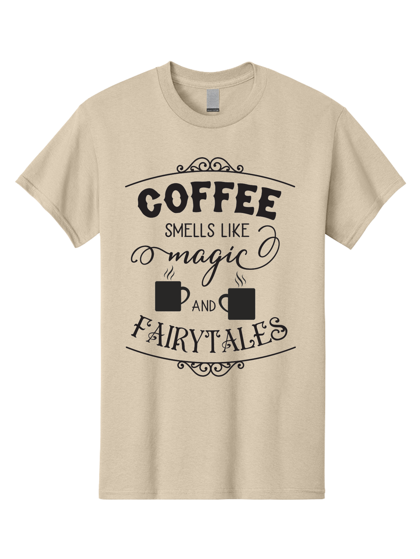 Coffee-Smells-Like-Magic-And-Fairytales Men'S Graphic Tee, 100% Cotton, Comfortable Casual Summer Wear, Machine Washable, Coffee Quote, Coffee Saying, Magic And Fairytale, Coffee Lovers, Whimsical Design, Steaming Coffee Cups, Aac605