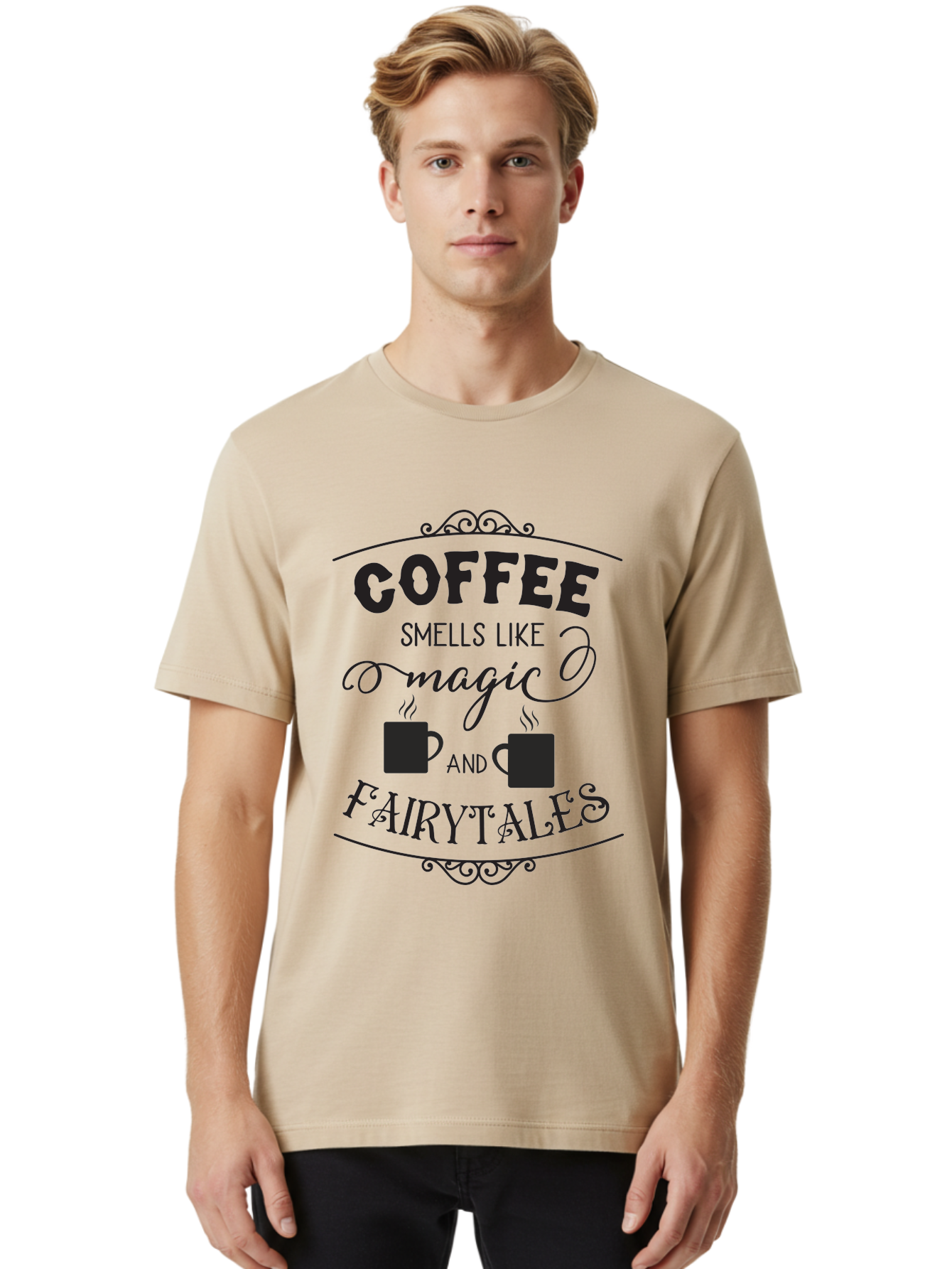 Coffee-Smells-Like-Magic-And-Fairytales Men'S Graphic Tee, 100% Cotton, Comfortable Casual Summer Wear, Machine Washable, Coffee Quote, Coffee Saying, Magic And Fairytale, Coffee Lovers, Whimsical Design, Steaming Coffee Cups, Aac605