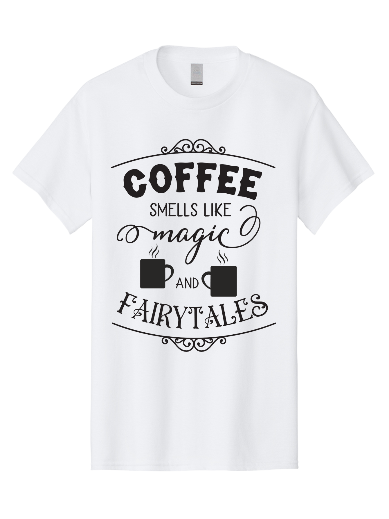 Coffee-Smells-Like-Magic-And-Fairytales Men'S Graphic Tee, 100% Cotton, Comfortable Casual Summer Wear, Machine Washable, Coffee Quote, Coffee Saying, Magic And Fairytale, Coffee Lovers, Whimsical Design, Steaming Coffee Cups, Aac605