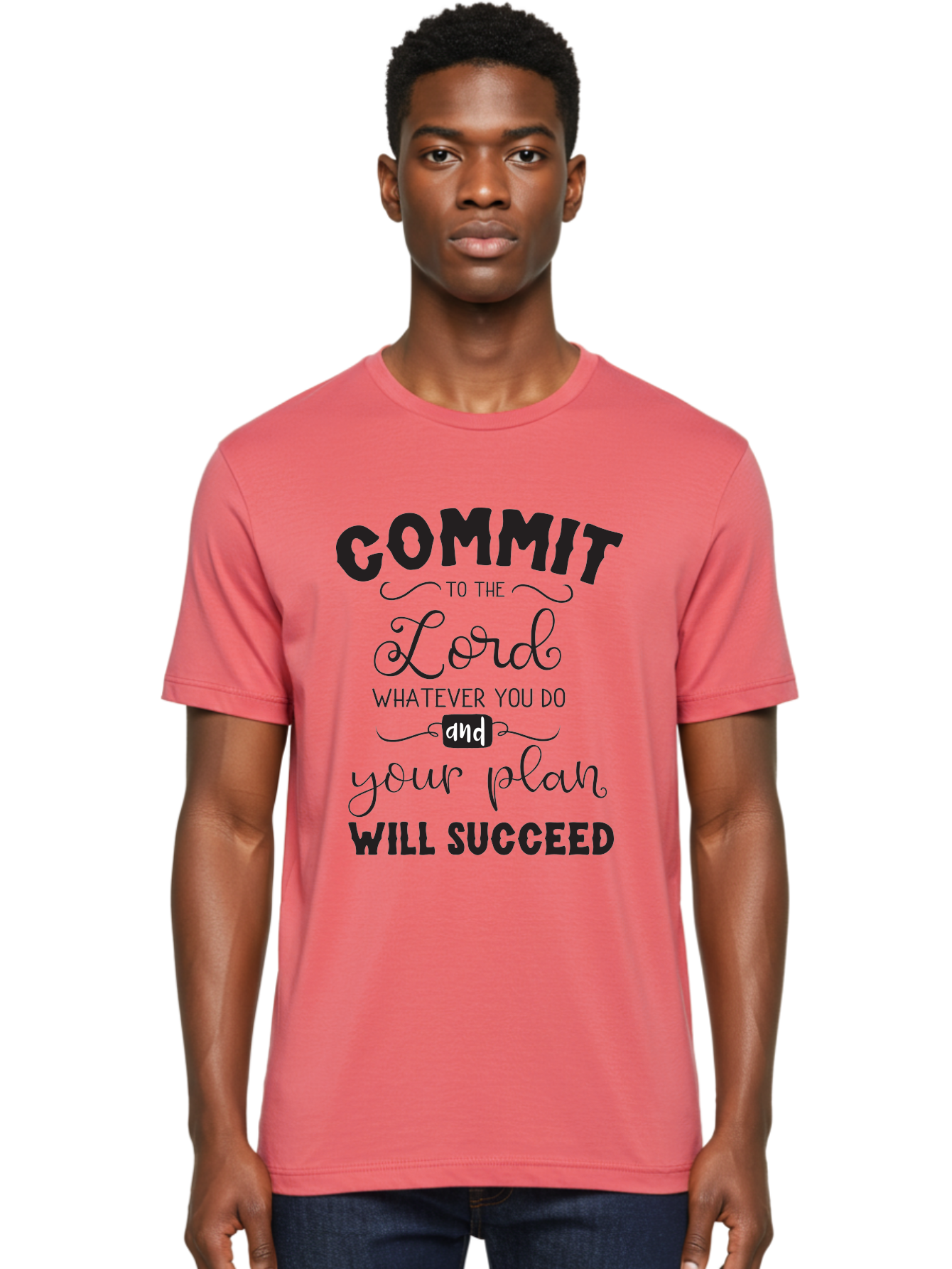 Commit-To-The-Lord Men'S Graphic Tee, 100% Cotton, Comfortable Casual Summer Wear, Machine Washable, Inspirational Quote, Motivational Message, Christian Faith, Success Mantra, Spiritual Guidance, Positive Affirmation, Faith And Success Aac606