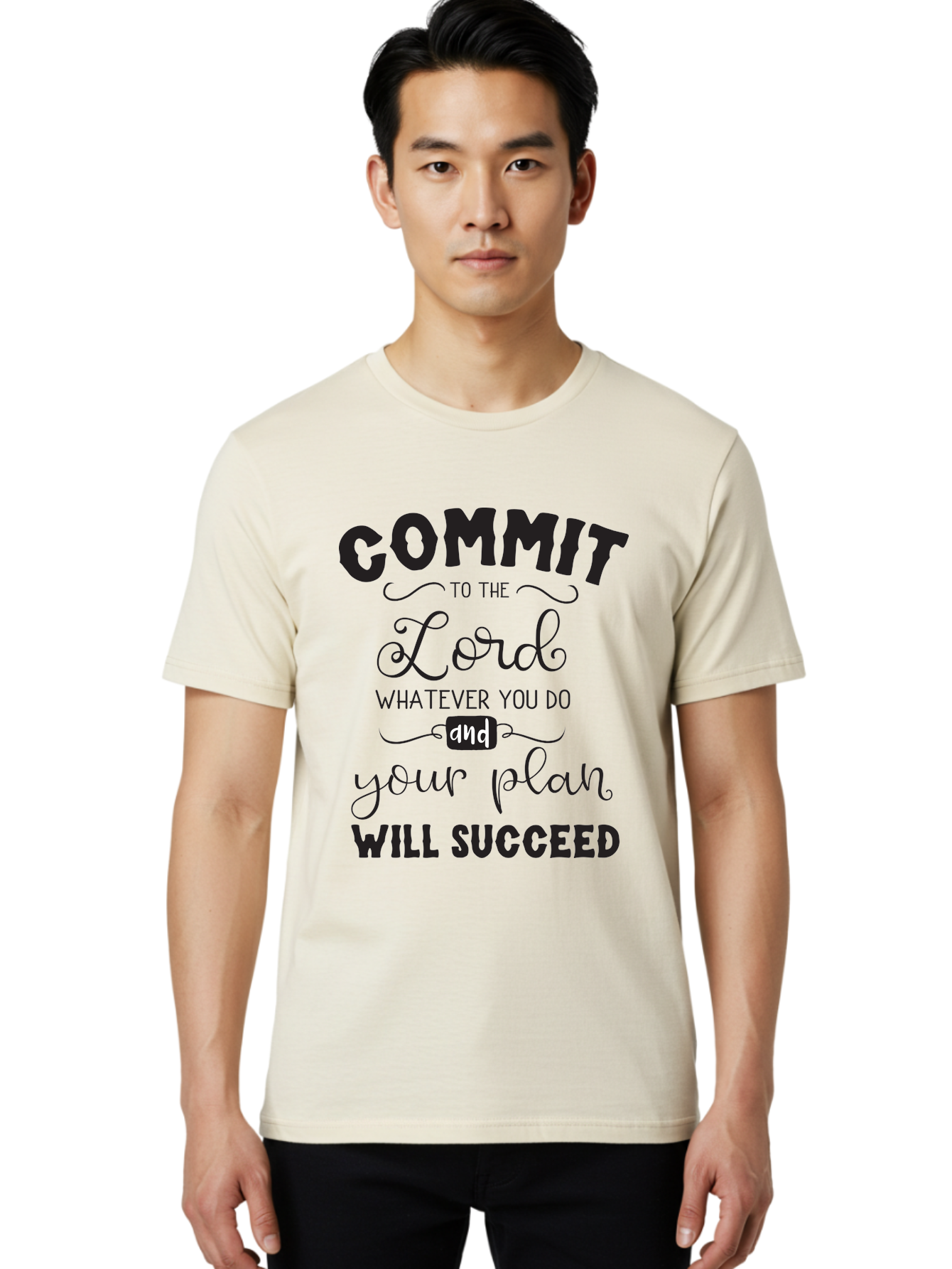 Commit-To-The-Lord Men'S Graphic Tee, 100% Cotton, Comfortable Casual Summer Wear, Machine Washable, Inspirational Quote, Motivational Message, Christian Faith, Success Mantra, Spiritual Guidance, Positive Affirmation, Faith And Success Aac606