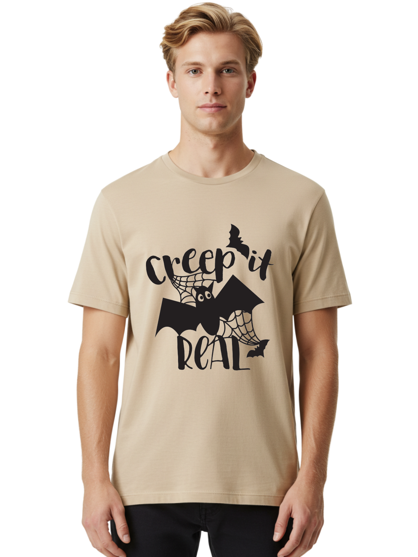 Creep-It-Real Men'S Graphic Tee, 100% Cotton, Comfortable Casual Summer Wear, Machine Washable, Halloween Graphics, Halloween Design, Creepy Bat, Spider Web, Halloween Theme, Spooky Atmosphere, Halloween Decoration, Creepy Eyes Aac614