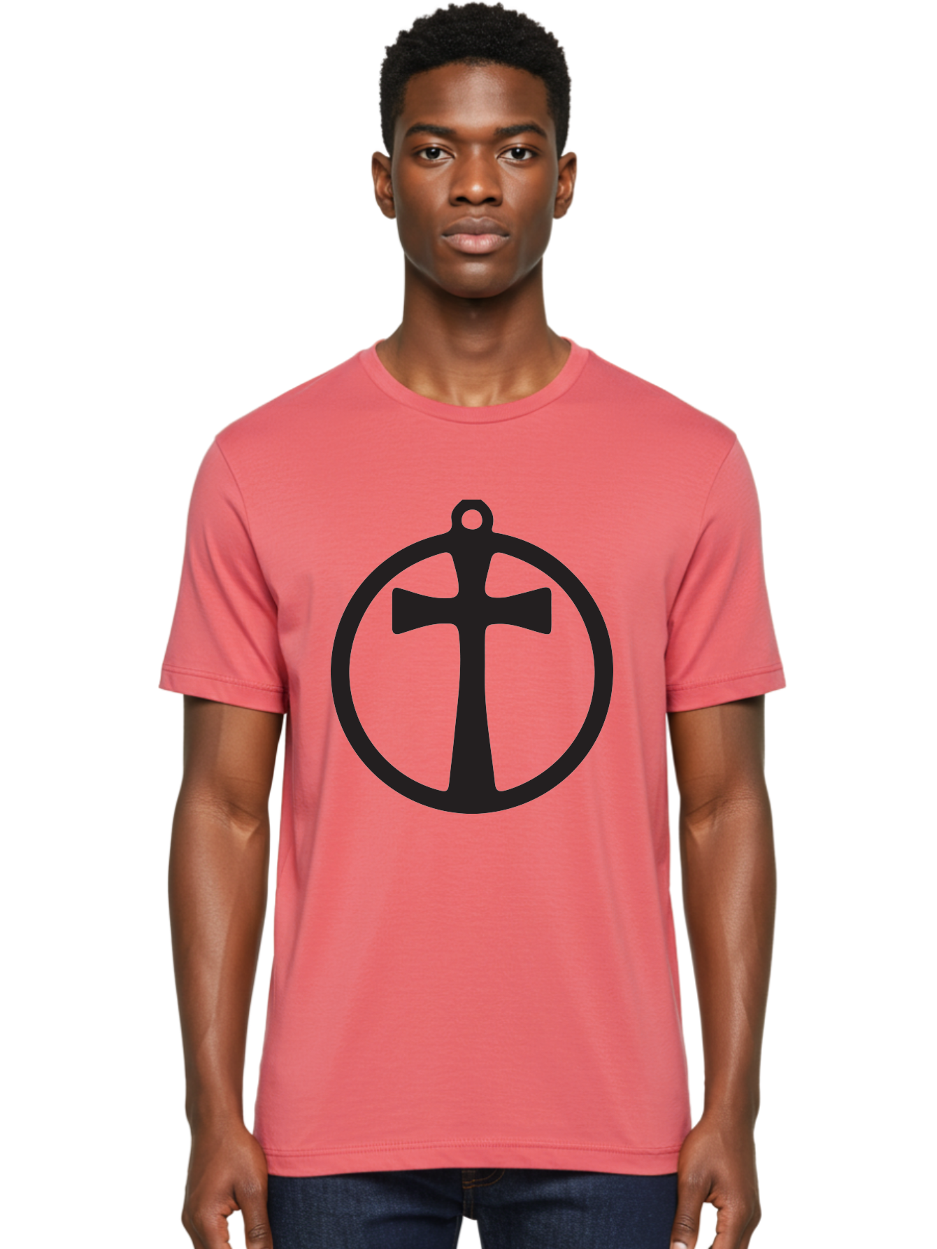 Cross-In-Circle Men'S Graphic Tee, 100% Cotton, Comfortable Casual Summer Wear, Machine Washable, Cross In Circle, Pendant Design, Christian Symbol, Faith Jewelry, Minimalist Pendant, Simple Cross Design, Religious Icon Aac615