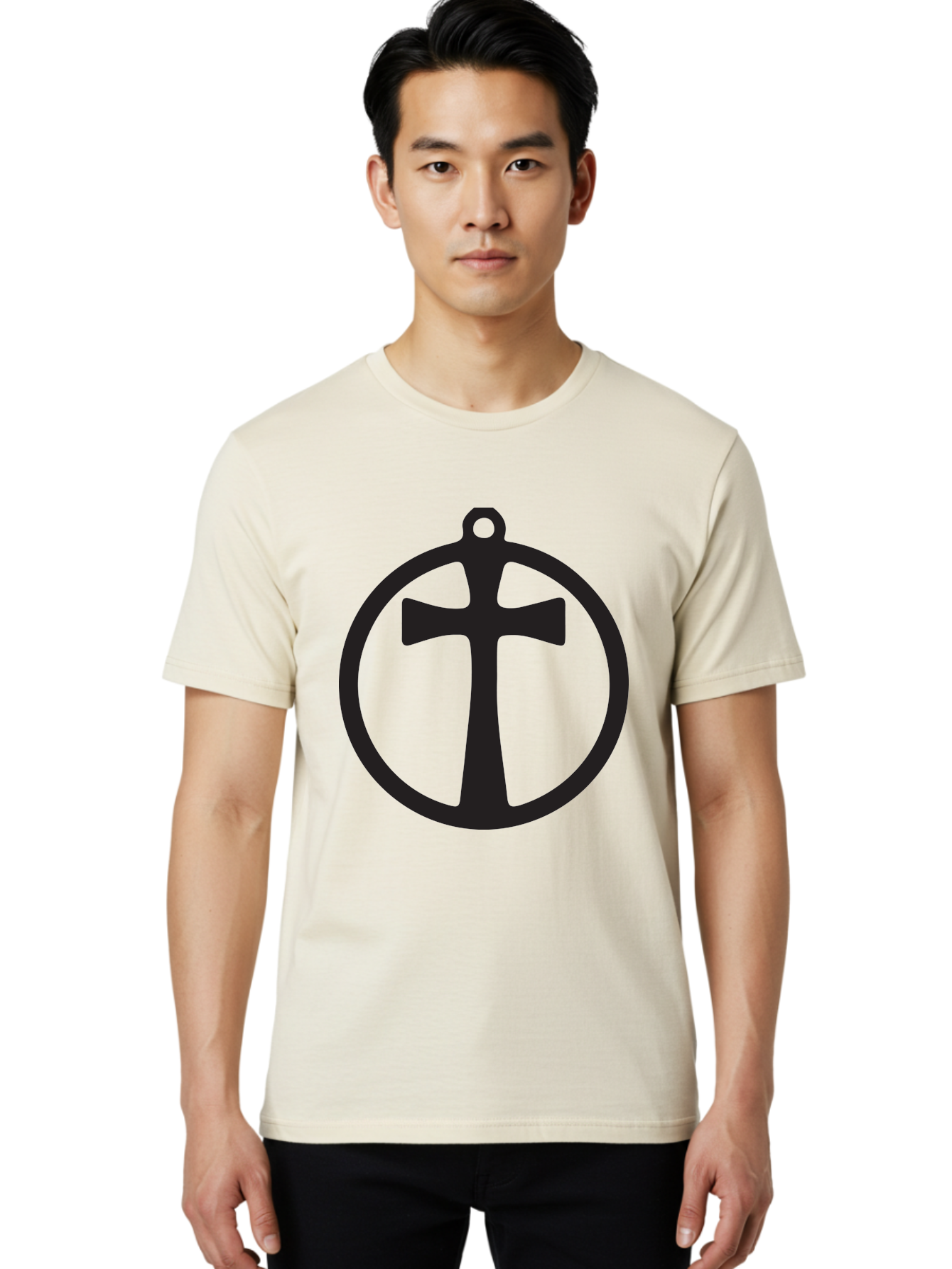 Cross-In-Circle Men'S Graphic Tee, 100% Cotton, Comfortable Casual Summer Wear, Machine Washable, Cross In Circle, Pendant Design, Christian Symbol, Faith Jewelry, Minimalist Pendant, Simple Cross Design, Religious Icon Aac615