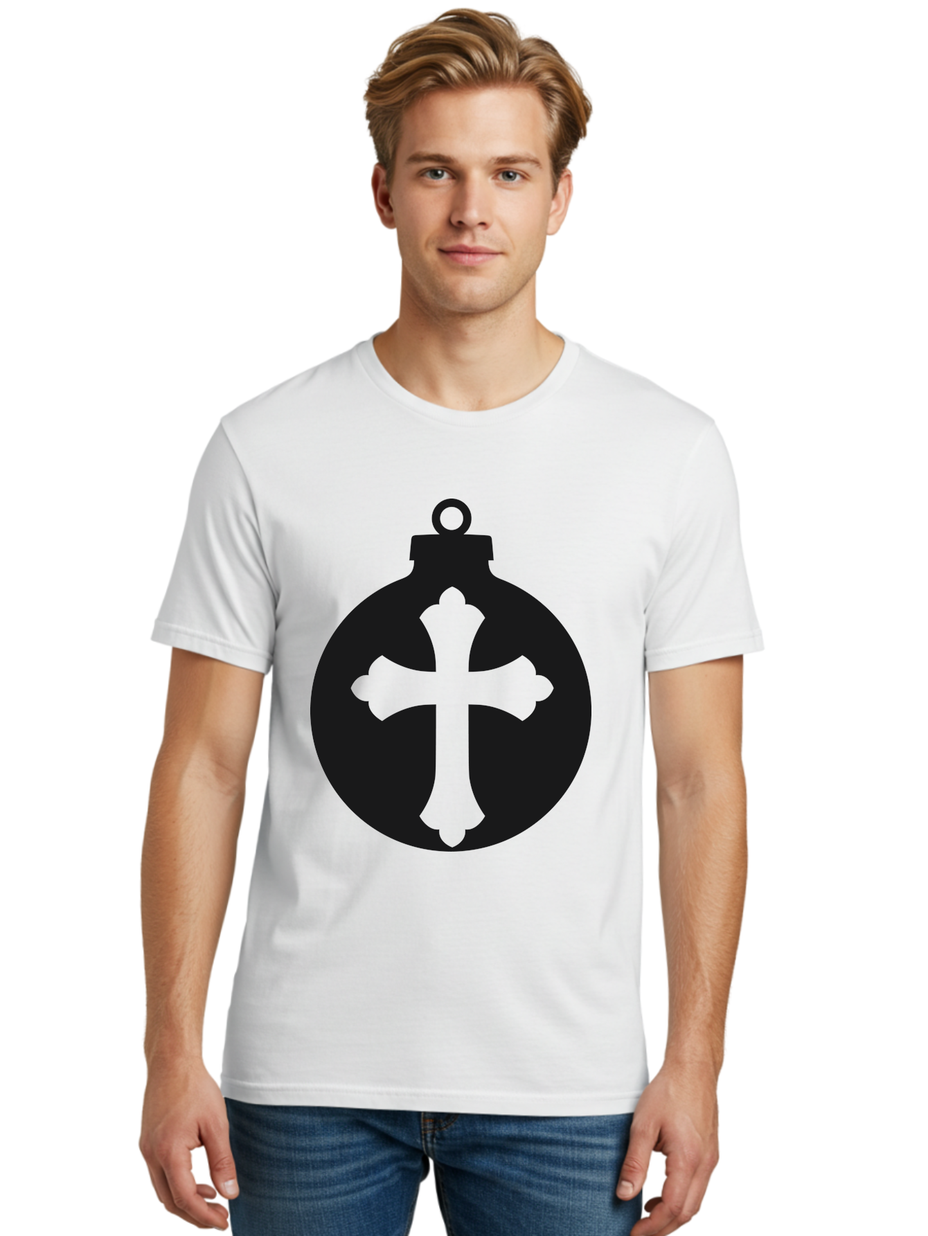 Cross-Ornament Men'S Graphic Tee, 100% Cotton, Comfortable Casual Summer Wear, Machine Washable, Christian Ornament, Cross Decoration, Holiday Symbol, Christmas Decoration, Faith Representation, Religious Icon, Symbolic Ornament Aac616