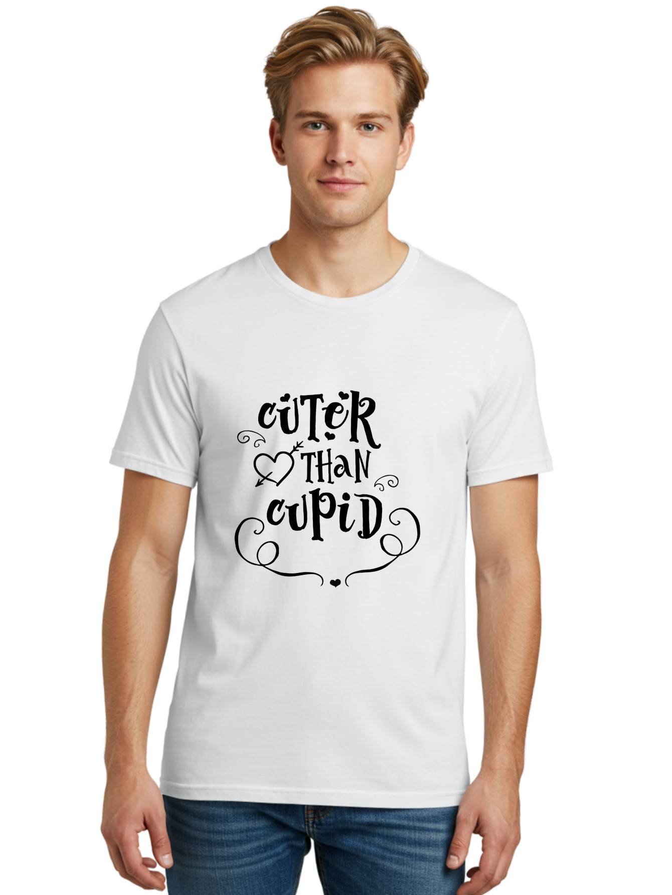 Cuter-Than-Cupid Men'S Graphic Tee, 100% Cotton, Comfortable Casual Summer Wear, Machine Washable, Cute Quotes, Valentine'S Day, Love Messages, Heart Designs, Cupid Theme, Typography Art, Romantic Phrases, Adorable Sayings, Whimsical Fonts Aac620