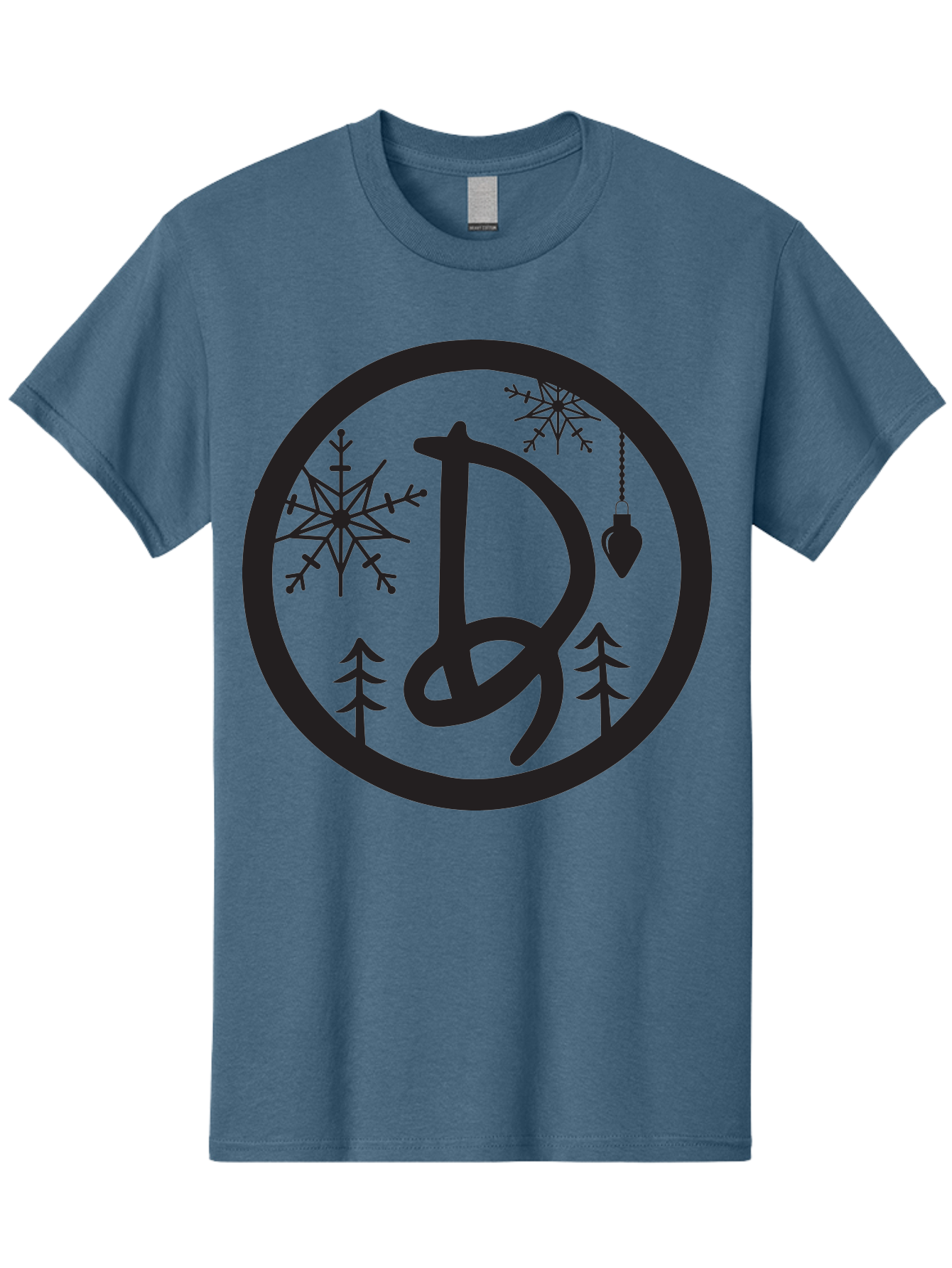 D Men'S Graphic Tee, 100% Cotton, Comfortable Casual Summer Wear, Machine Washable, Christmas Symbol, Letter D, Snowflakes, Pine Trees, Hanging Ornament, Festive Decorations, Winter Wonderland, Holiday Graphics, Christmas Theme Aac621