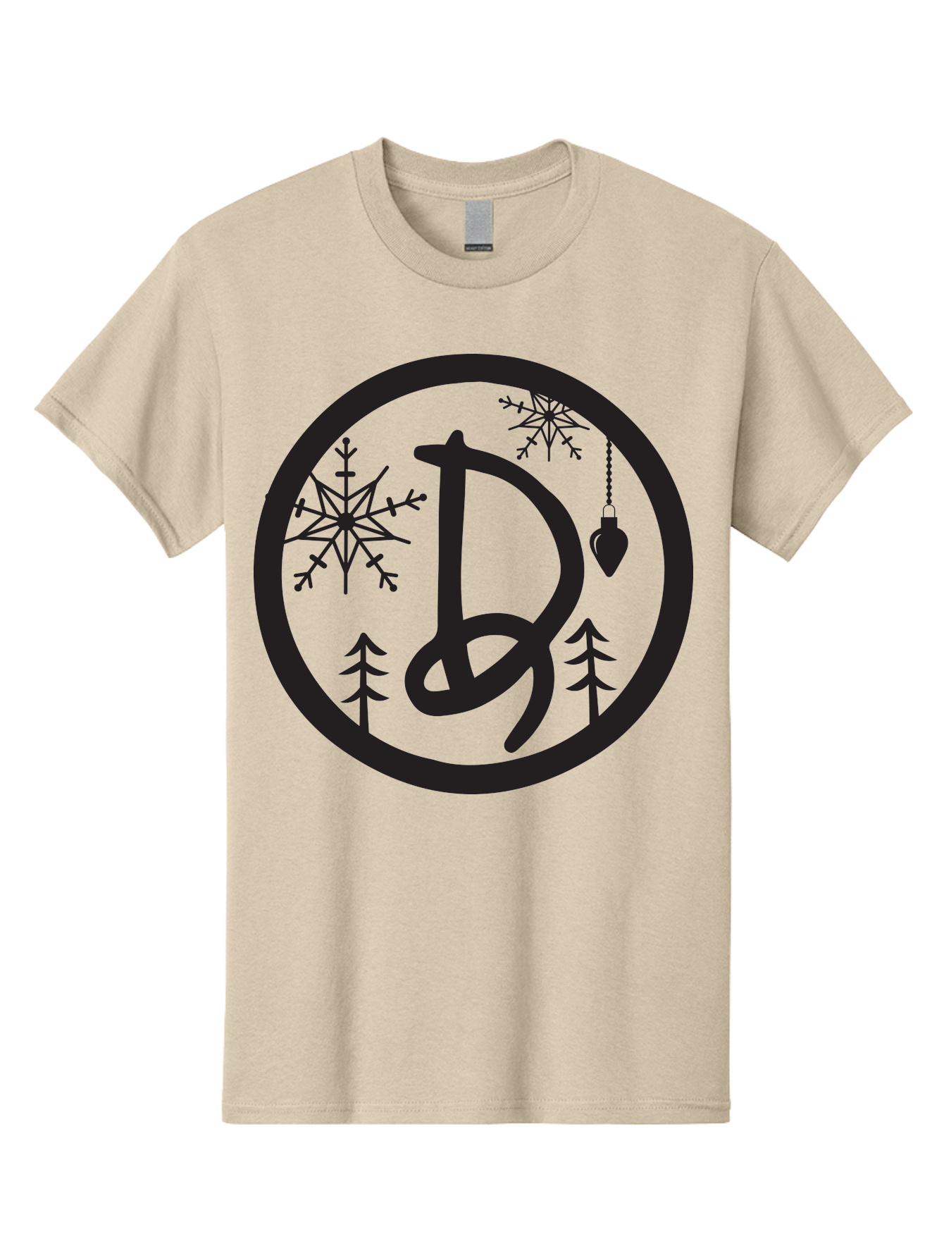 D Men'S Graphic Tee, 100% Cotton, Comfortable Casual Summer Wear, Machine Washable, Christmas Symbol, Letter D, Snowflakes, Pine Trees, Hanging Ornament, Festive Decorations, Winter Wonderland, Holiday Graphics, Christmas Theme Aac621