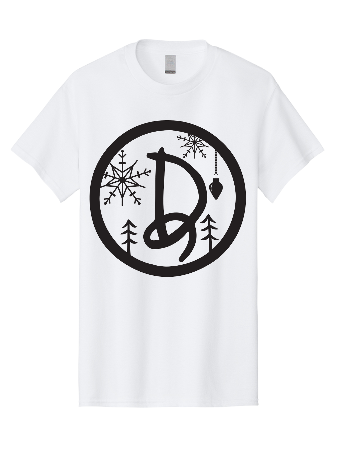 D Men'S Graphic Tee, 100% Cotton, Comfortable Casual Summer Wear, Machine Washable, Christmas Symbol, Letter D, Snowflakes, Pine Trees, Hanging Ornament, Festive Decorations, Winter Wonderland, Holiday Graphics, Christmas Theme Aac621