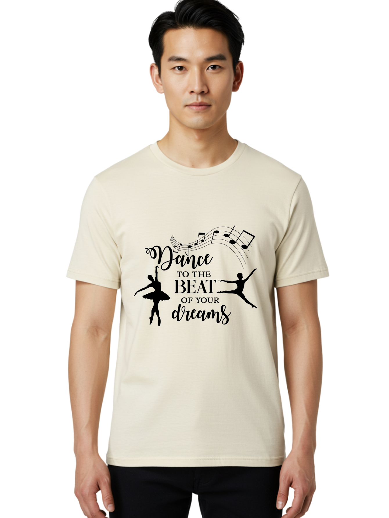 Dance-To-The-Beat-Of-Your-Dreams Men'S Graphic Tee, 100% Cotton, Comfortable Casual Summer Wear, Machine Washable, Dance Inspiration, Motivational Quote, Ballet Dancers, Rhythmic Movement, Dancing Silhouettes, Music Notes, Inspirational Words, Aac624