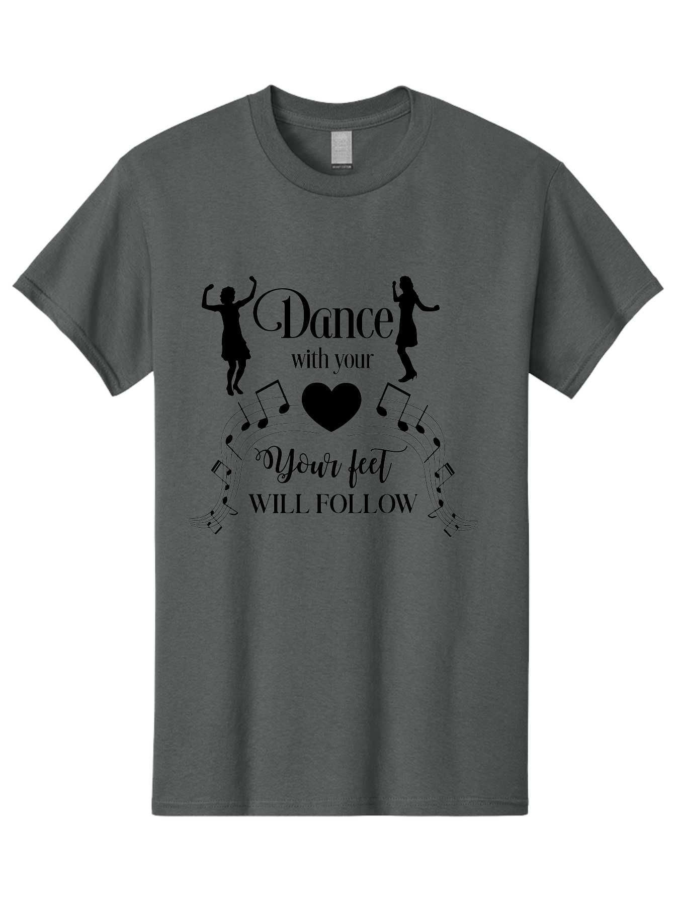 Dance-With-Your Men'S Graphic Tee, 100% Cotton, Comfortable Casual Summer Wear, Machine Washable, Dance Silhouettes, Dancing With Heart, Motivational Quote, Dance With Your Heart, Your Feet Will Follow, Musical Notes, Dancing Figures, Aac625