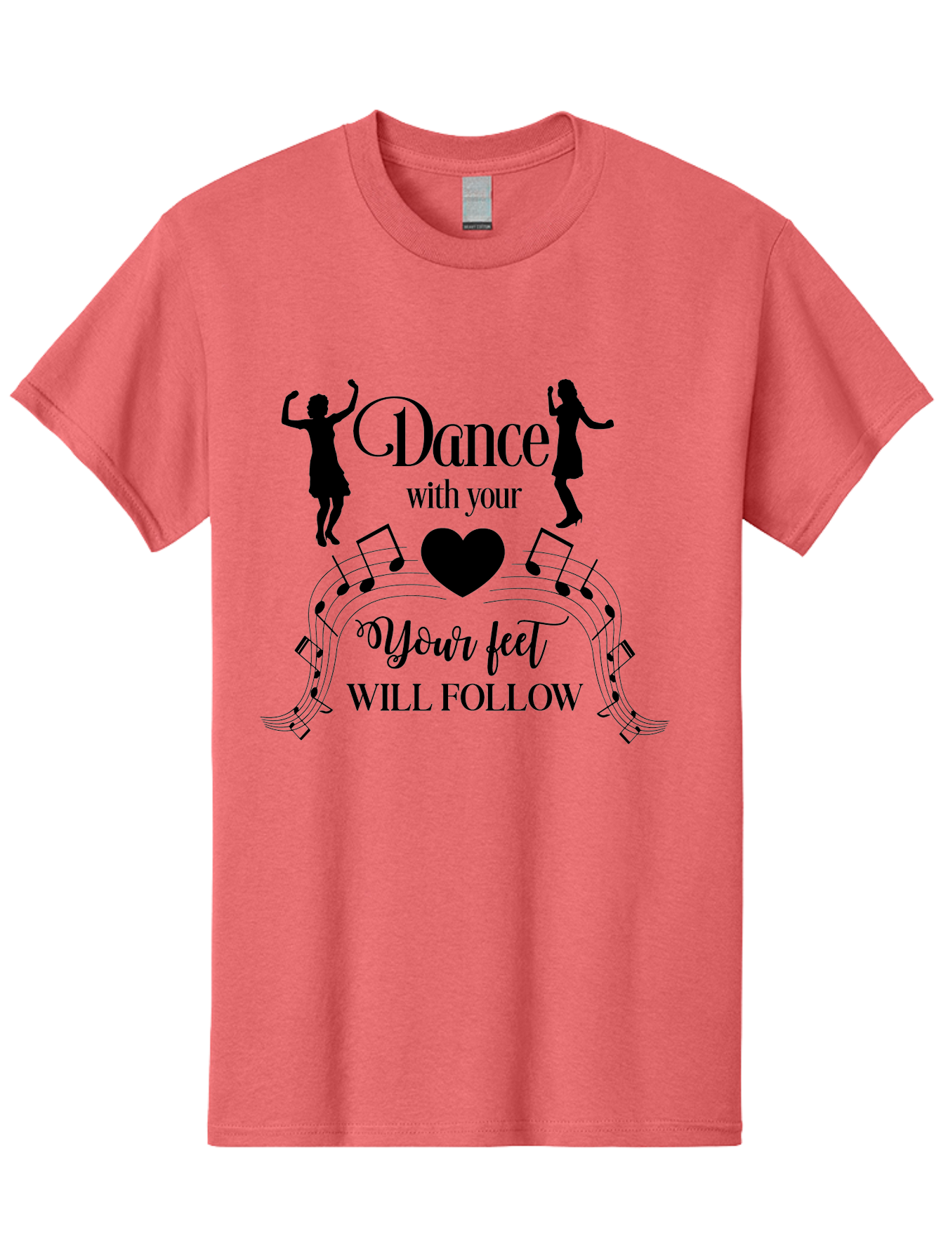 Dance-With-Your Men'S Graphic Tee, 100% Cotton, Comfortable Casual Summer Wear, Machine Washable, Dance Silhouettes, Dancing With Heart, Motivational Quote, Dance With Your Heart, Your Feet Will Follow, Musical Notes, Dancing Figures, Aac625