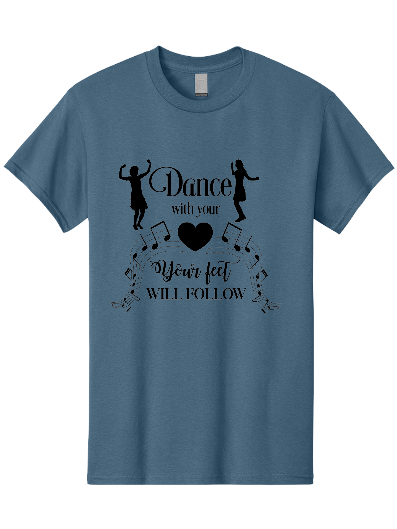 Dance-With-Your Men'S Graphic Tee, 100% Cotton, Comfortable Casual Summer Wear, Machine Washable, Dance Silhouettes, Dancing With Heart, Motivational Quote, Dance With Your Heart, Your Feet Will Follow, Musical Notes, Dancing Figures, Aac625