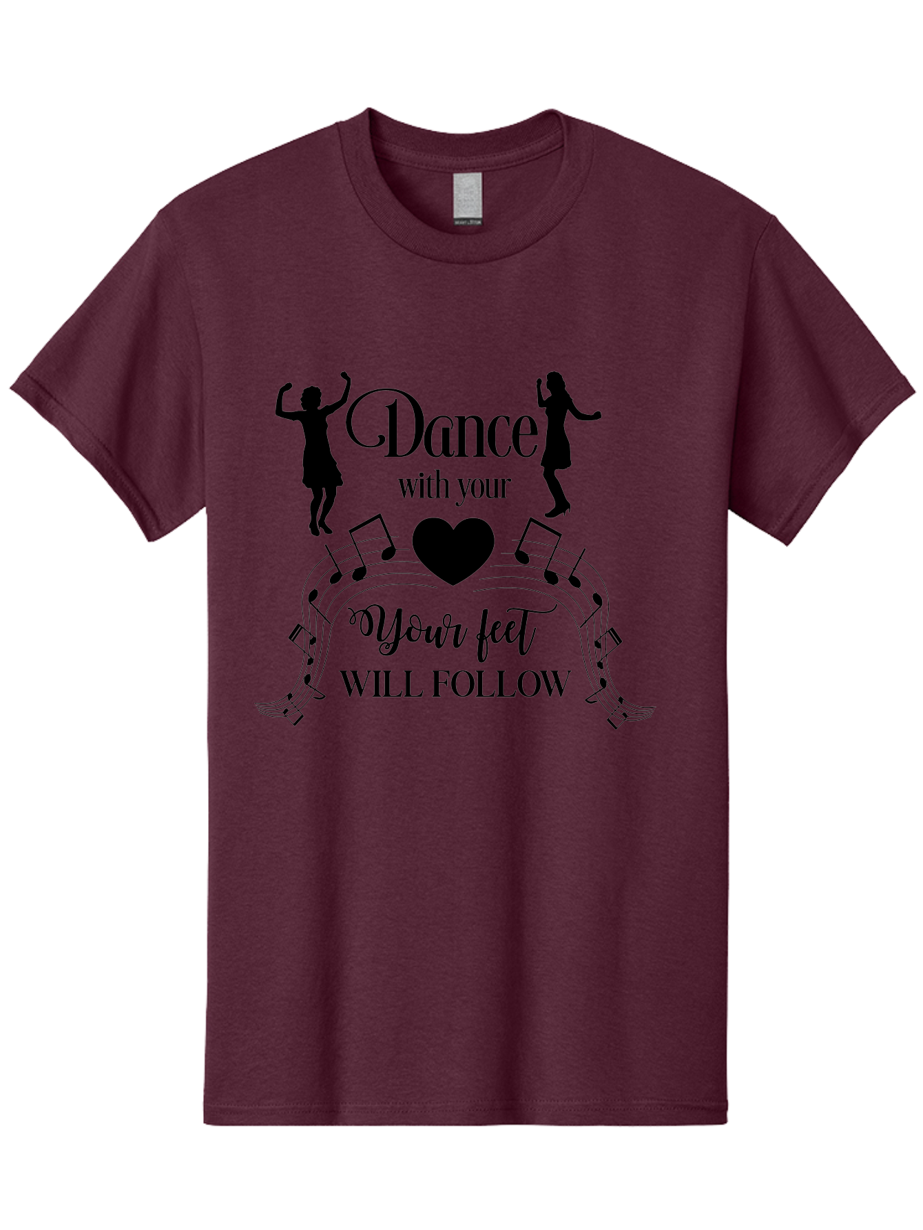 Dance-With-Your Men'S Graphic Tee, 100% Cotton, Comfortable Casual Summer Wear, Machine Washable, Dance Silhouettes, Dancing With Heart, Motivational Quote, Dance With Your Heart, Your Feet Will Follow, Musical Notes, Dancing Figures, Aac625