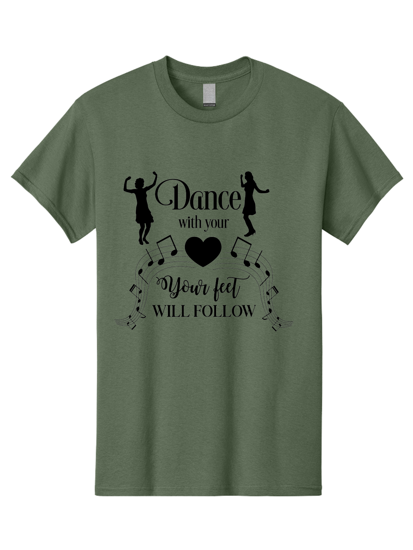 Dance-With-Your Men'S Graphic Tee, 100% Cotton, Comfortable Casual Summer Wear, Machine Washable, Dance Silhouettes, Dancing With Heart, Motivational Quote, Dance With Your Heart, Your Feet Will Follow, Musical Notes, Dancing Figures, Aac625