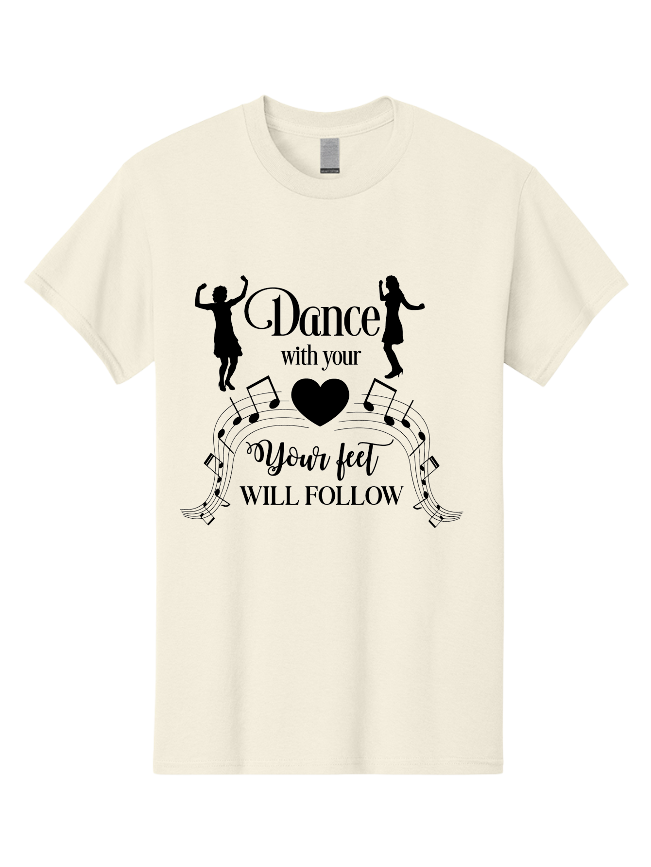 Dance-With-Your Men'S Graphic Tee, 100% Cotton, Comfortable Casual Summer Wear, Machine Washable, Dance Silhouettes, Dancing With Heart, Motivational Quote, Dance With Your Heart, Your Feet Will Follow, Musical Notes, Dancing Figures, Aac625