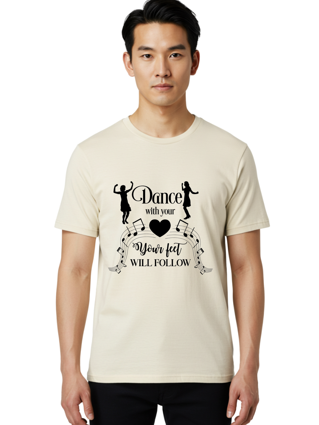 Dance-With-Your Men'S Graphic Tee, 100% Cotton, Comfortable Casual Summer Wear, Machine Washable, Dance Silhouettes, Dancing With Heart, Motivational Quote, Dance With Your Heart, Your Feet Will Follow, Musical Notes, Dancing Figures, Aac625