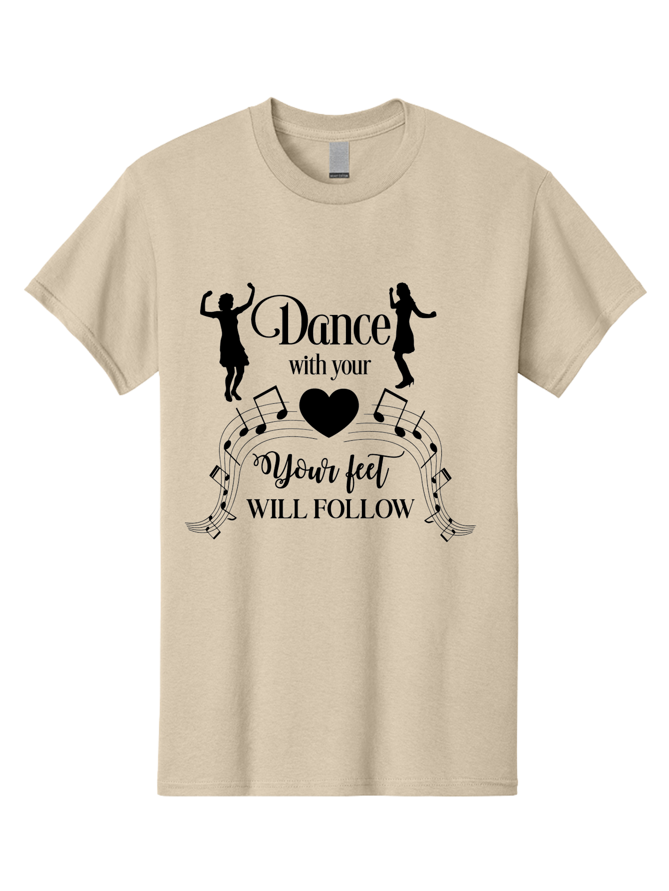 Dance-With-Your Men'S Graphic Tee, 100% Cotton, Comfortable Casual Summer Wear, Machine Washable, Dance Silhouettes, Dancing With Heart, Motivational Quote, Dance With Your Heart, Your Feet Will Follow, Musical Notes, Dancing Figures, Aac625