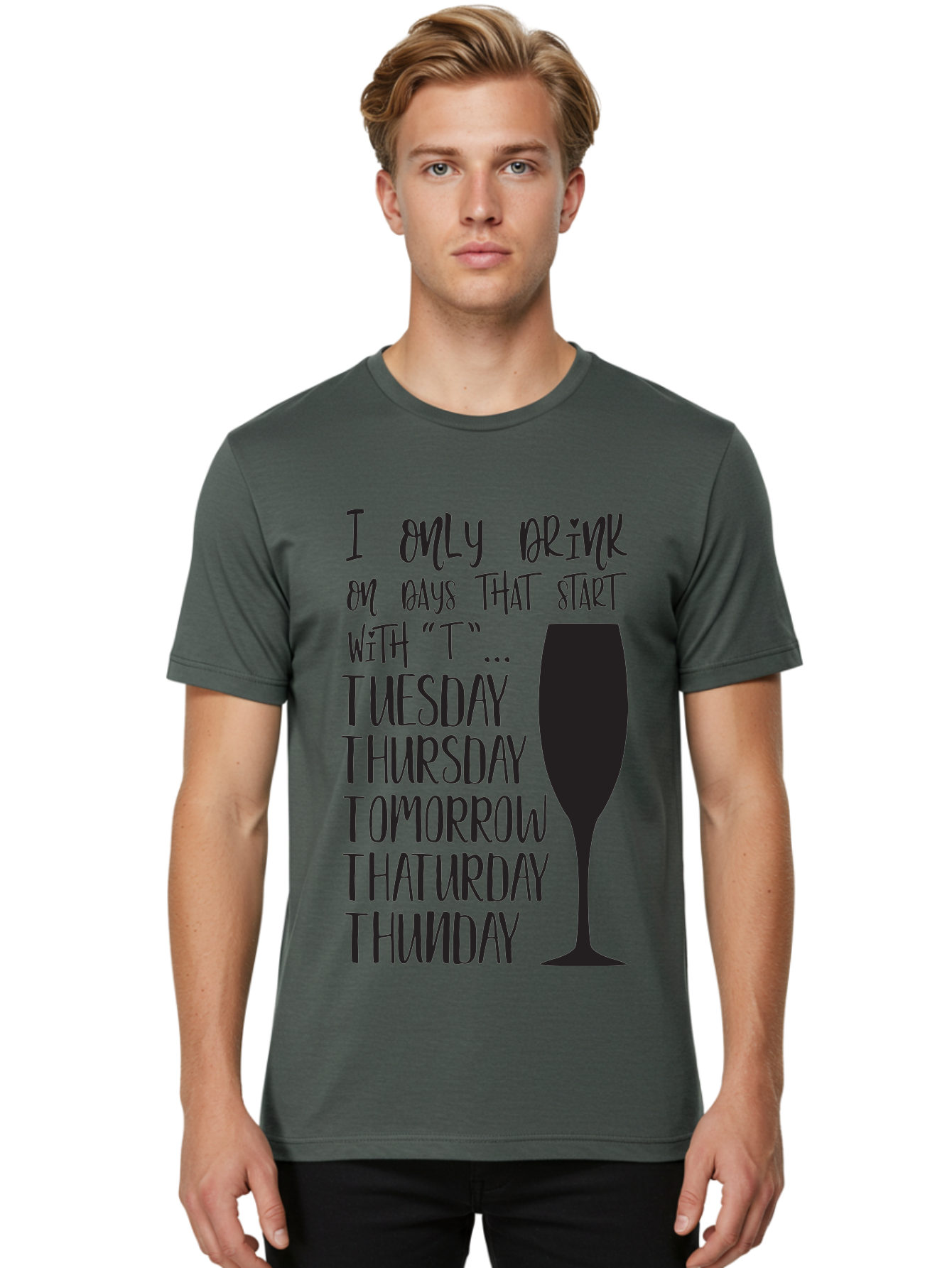 Days-That-Start-With-T Men'S Graphic Tee, 100% Cotton, Comfortable Casual Summer Wear, Machine Washable, Humorous Quote, Funny Saying, Wine Glass, Drinking Joke, Tuesday, Thursday, Tomorrow, That'Urday, Thunday, Playful Humor, Party Vibes, Aac628