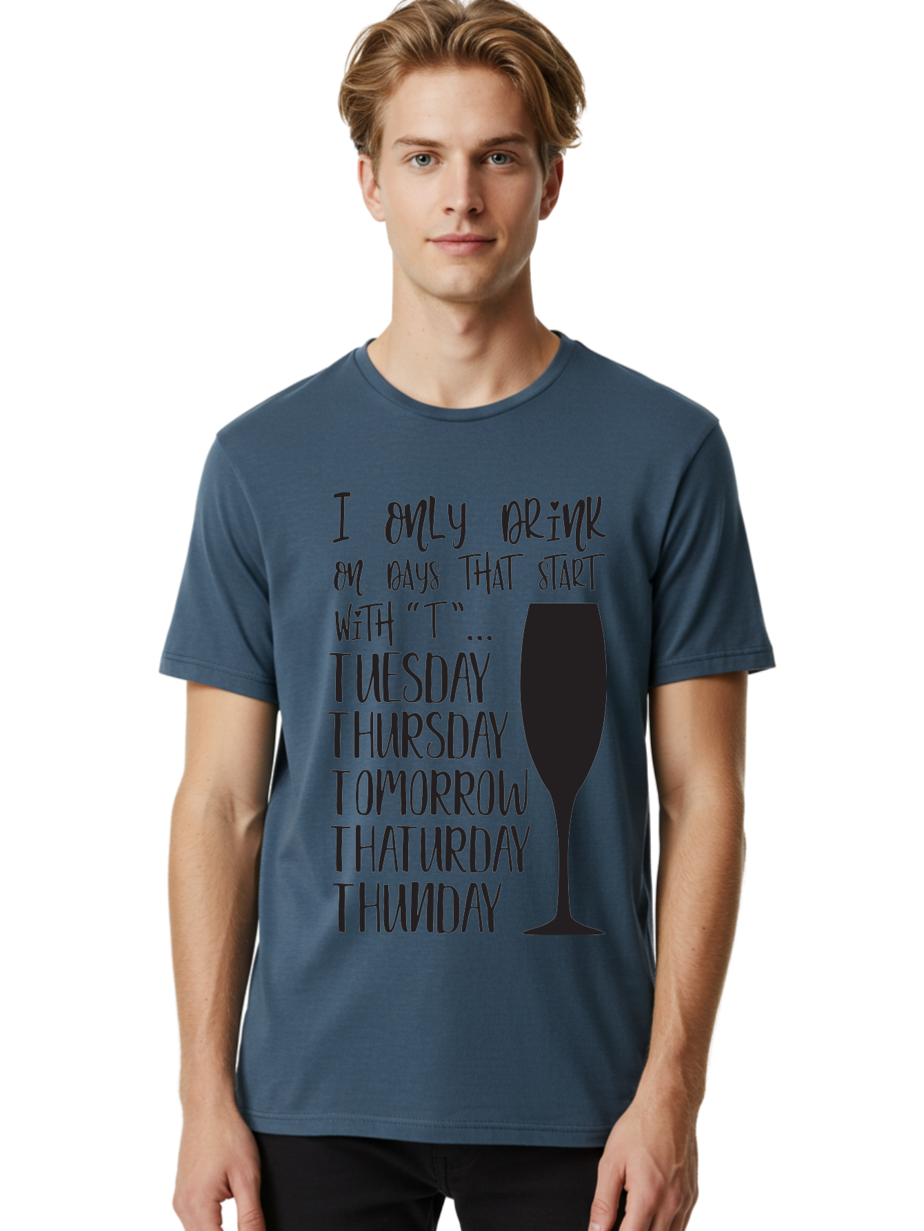 Days-That-Start-With-T Men'S Graphic Tee, 100% Cotton, Comfortable Casual Summer Wear, Machine Washable, Humorous Quote, Funny Saying, Wine Glass, Drinking Joke, Tuesday, Thursday, Tomorrow, That'Urday, Thunday, Playful Humor, Party Vibes, Aac628