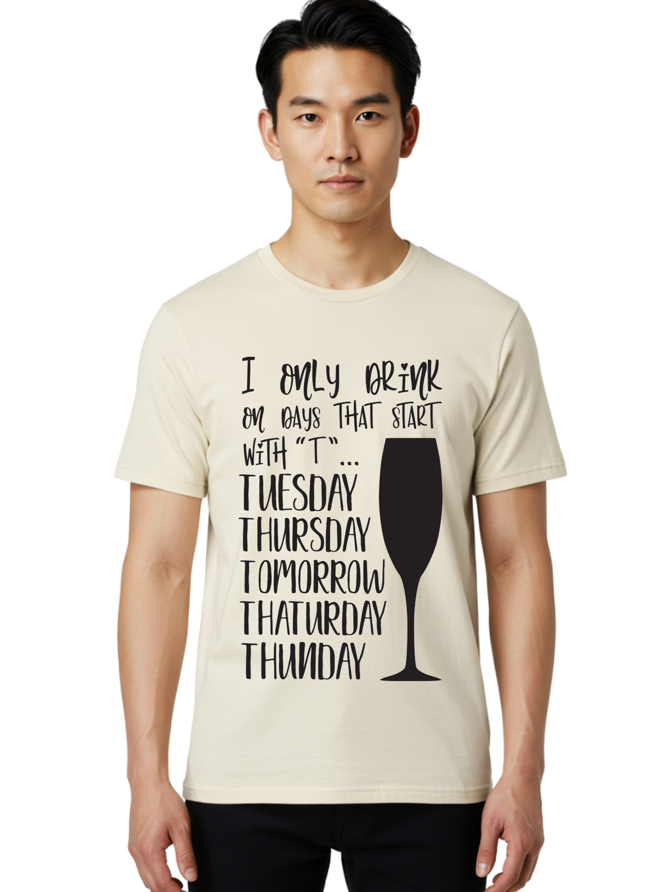 Days-That-Start-With-T Men'S Graphic Tee, 100% Cotton, Comfortable Casual Summer Wear, Machine Washable, Humorous Quote, Funny Saying, Wine Glass, Drinking Joke, Tuesday, Thursday, Tomorrow, That'Urday, Thunday, Playful Humor, Party Vibes, Aac628