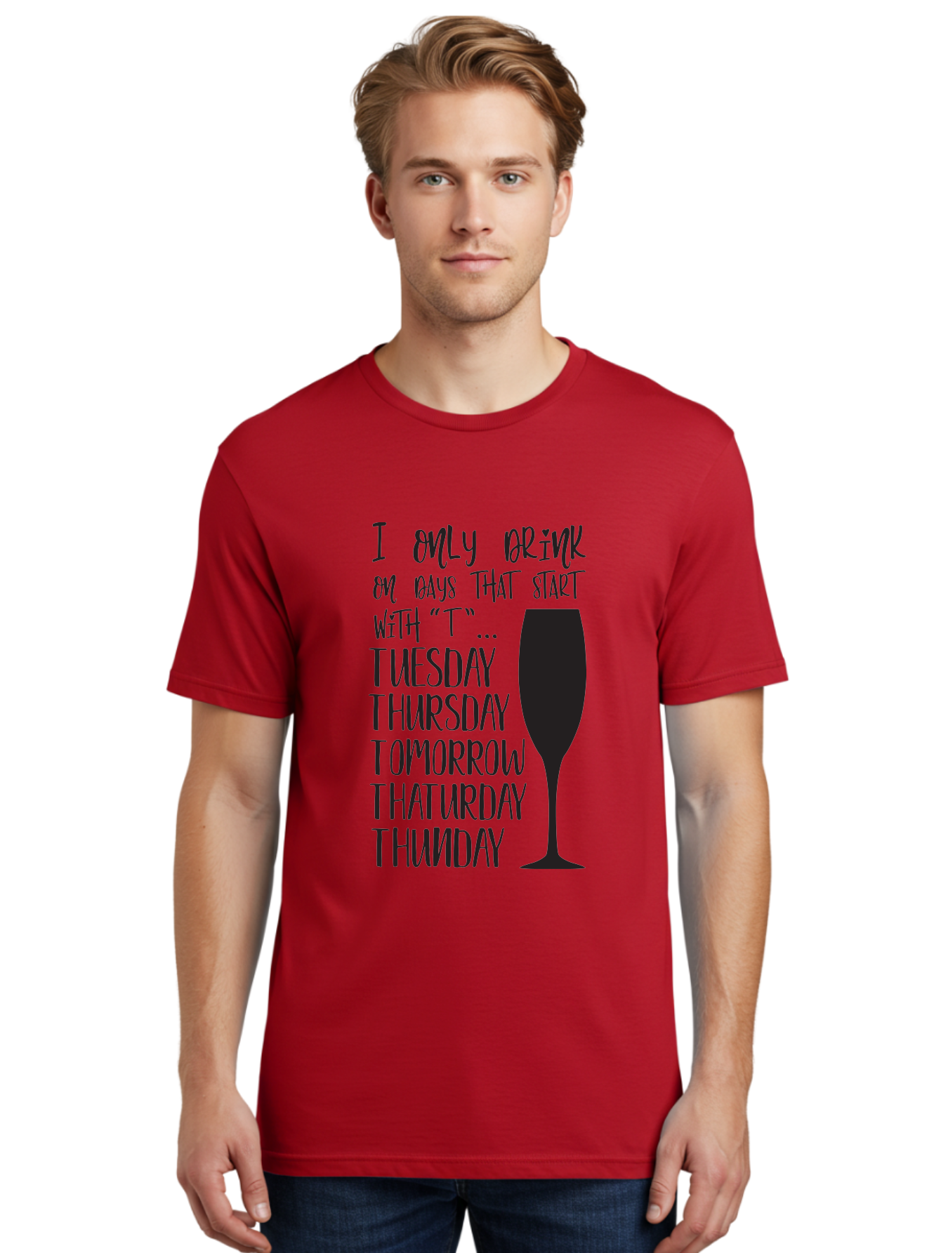 Days-That-Start-With-T Men'S Graphic Tee, 100% Cotton, Comfortable Casual Summer Wear, Machine Washable, Humorous Quote, Funny Saying, Wine Glass, Drinking Joke, Tuesday, Thursday, Tomorrow, That'Urday, Thunday, Playful Humor, Party Vibes, Aac628