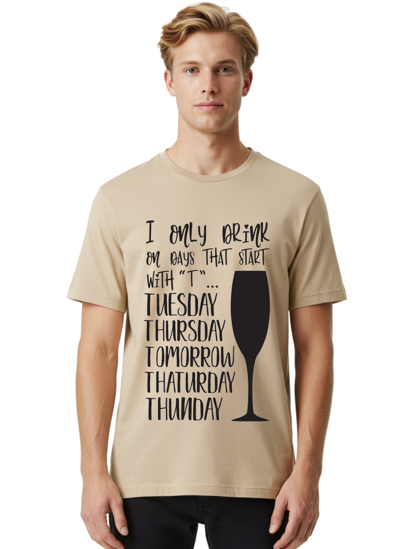 Days-That-Start-With-T Men'S Graphic Tee, 100% Cotton, Comfortable Casual Summer Wear, Machine Washable, Humorous Quote, Funny Saying, Wine Glass, Drinking Joke, Tuesday, Thursday, Tomorrow, That'Urday, Thunday, Playful Humor, Party Vibes, Aac628