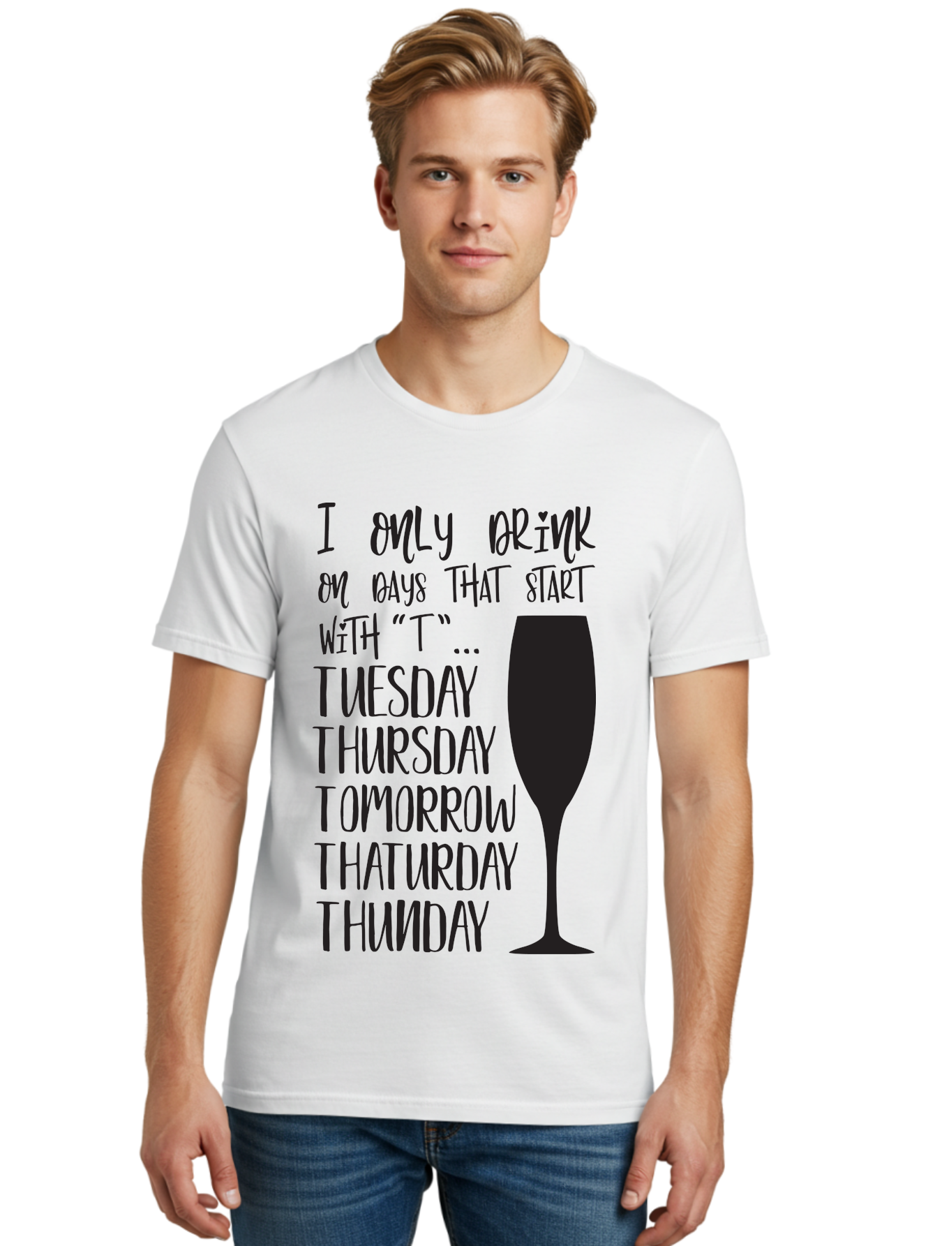 Days-That-Start-With-T Men'S Graphic Tee, 100% Cotton, Comfortable Casual Summer Wear, Machine Washable, Humorous Quote, Funny Saying, Wine Glass, Drinking Joke, Tuesday, Thursday, Tomorrow, That'Urday, Thunday, Playful Humor, Party Vibes, Aac628