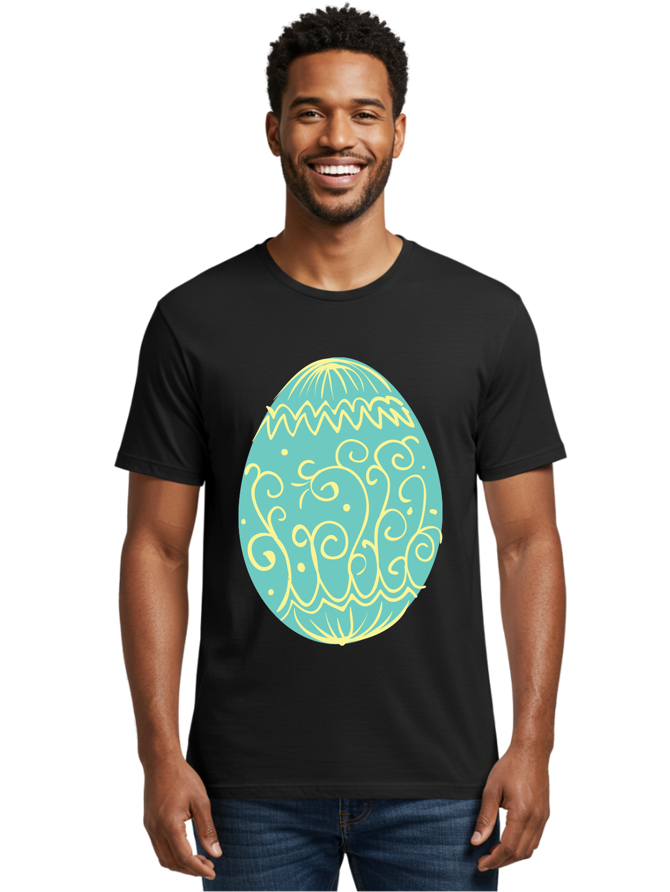 Decorated-Easter-Egg-1 Men'S Graphic Tee, 100% Cotton, Comfortable Casual Summer Wear, Machine Washable, Decorative Easter Egg, Yellow Swirls, Blue Egg, Festive Design, Spring Theme, Easter Symbol, Intricate Patterns, Abstract Art, Aac632