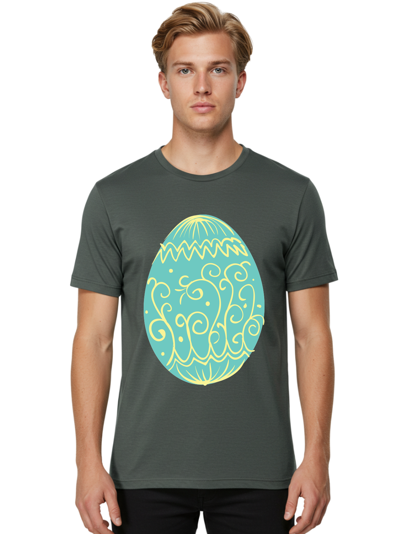 Decorated-Easter-Egg-1 Men'S Graphic Tee, 100% Cotton, Comfortable Casual Summer Wear, Machine Washable, Decorative Easter Egg, Yellow Swirls, Blue Egg, Festive Design, Spring Theme, Easter Symbol, Intricate Patterns, Abstract Art, Aac632