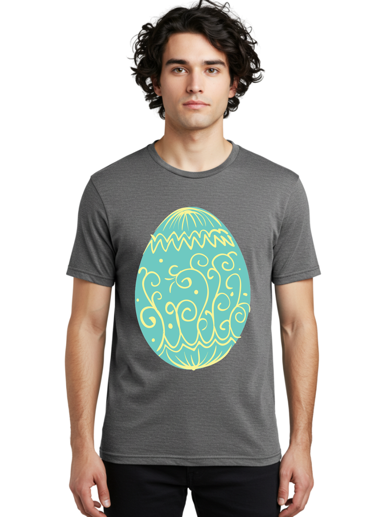 Decorated-Easter-Egg-1 Men'S Graphic Tee, 100% Cotton, Comfortable Casual Summer Wear, Machine Washable, Decorative Easter Egg, Yellow Swirls, Blue Egg, Festive Design, Spring Theme, Easter Symbol, Intricate Patterns, Abstract Art, Aac632