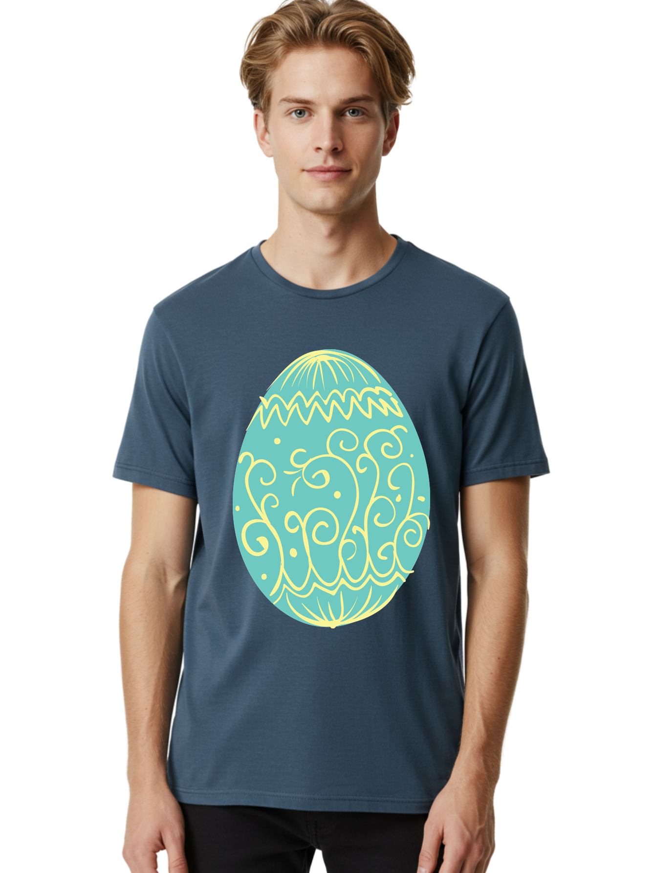 Decorated-Easter-Egg-1 Men'S Graphic Tee, 100% Cotton, Comfortable Casual Summer Wear, Machine Washable, Decorative Easter Egg, Yellow Swirls, Blue Egg, Festive Design, Spring Theme, Easter Symbol, Intricate Patterns, Abstract Art, Aac632