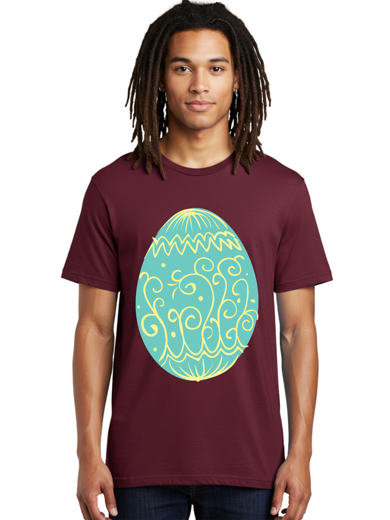 Decorated-Easter-Egg-1 Men'S Graphic Tee, 100% Cotton, Comfortable Casual Summer Wear, Machine Washable, Decorative Easter Egg, Yellow Swirls, Blue Egg, Festive Design, Spring Theme, Easter Symbol, Intricate Patterns, Abstract Art, Aac632