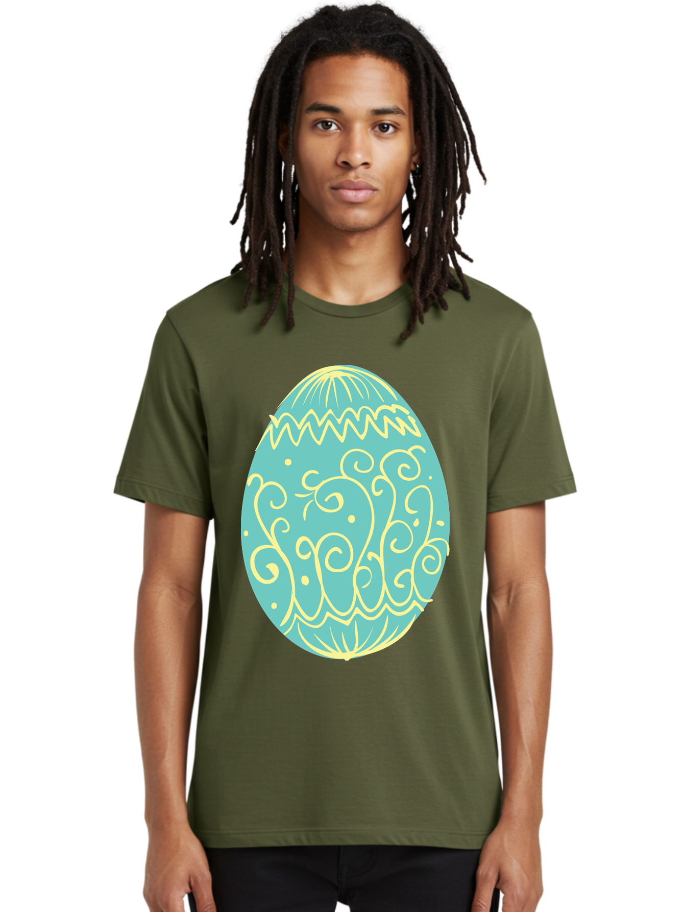 Decorated-Easter-Egg-1 Men'S Graphic Tee, 100% Cotton, Comfortable Casual Summer Wear, Machine Washable, Decorative Easter Egg, Yellow Swirls, Blue Egg, Festive Design, Spring Theme, Easter Symbol, Intricate Patterns, Abstract Art, Aac632