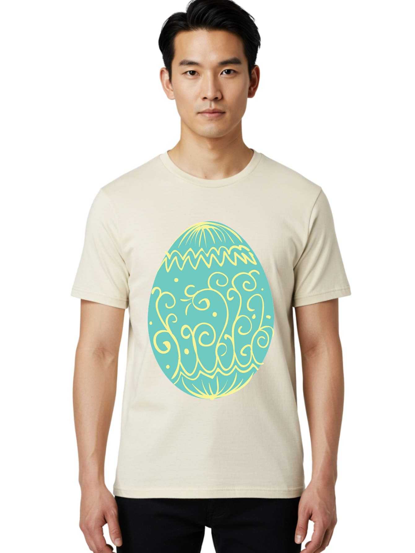 Decorated-Easter-Egg-1 Men'S Graphic Tee, 100% Cotton, Comfortable Casual Summer Wear, Machine Washable, Decorative Easter Egg, Yellow Swirls, Blue Egg, Festive Design, Spring Theme, Easter Symbol, Intricate Patterns, Abstract Art, Aac632