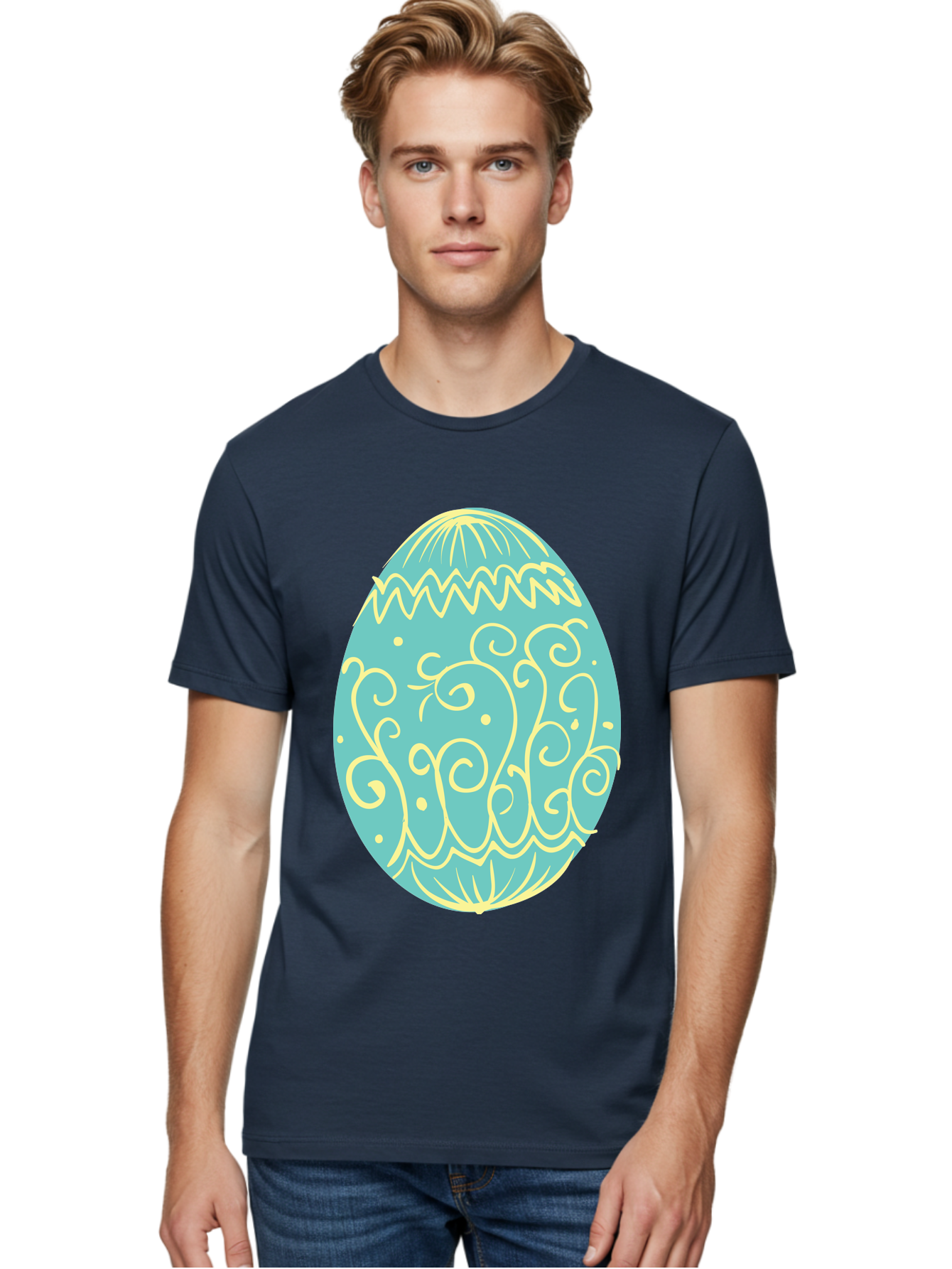 Decorated-Easter-Egg-1 Men'S Graphic Tee, 100% Cotton, Comfortable Casual Summer Wear, Machine Washable, Decorative Easter Egg, Yellow Swirls, Blue Egg, Festive Design, Spring Theme, Easter Symbol, Intricate Patterns, Abstract Art, Aac632