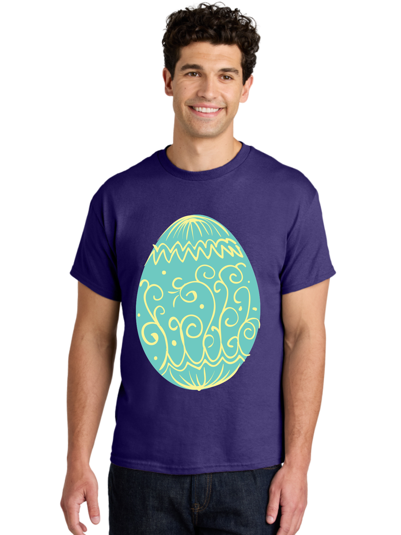 Decorated-Easter-Egg-1 Men'S Graphic Tee, 100% Cotton, Comfortable Casual Summer Wear, Machine Washable, Decorative Easter Egg, Yellow Swirls, Blue Egg, Festive Design, Spring Theme, Easter Symbol, Intricate Patterns, Abstract Art, Aac632