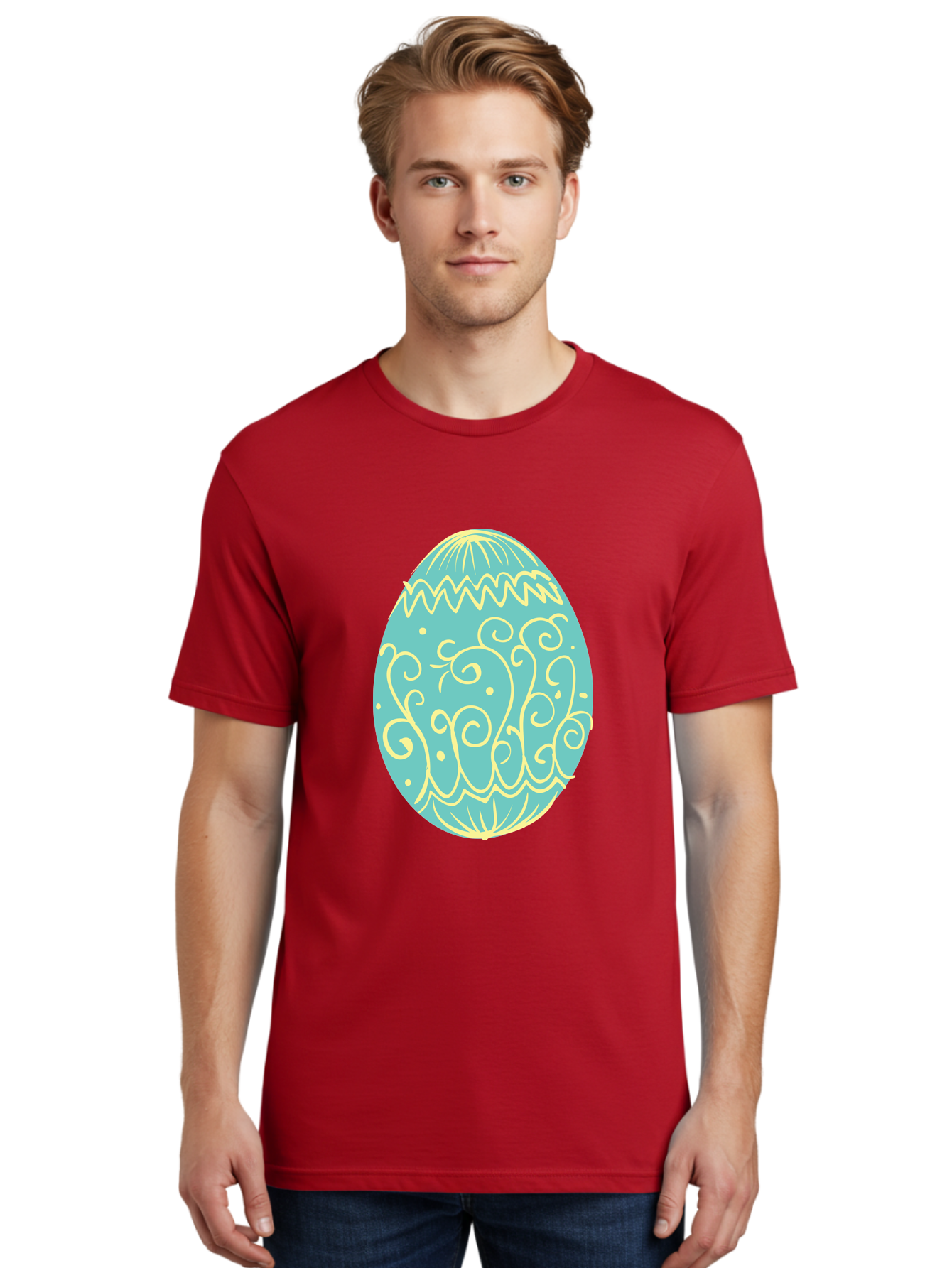 Decorated-Easter-Egg-1 Men'S Graphic Tee, 100% Cotton, Comfortable Casual Summer Wear, Machine Washable, Decorative Easter Egg, Yellow Swirls, Blue Egg, Festive Design, Spring Theme, Easter Symbol, Intricate Patterns, Abstract Art, Aac632