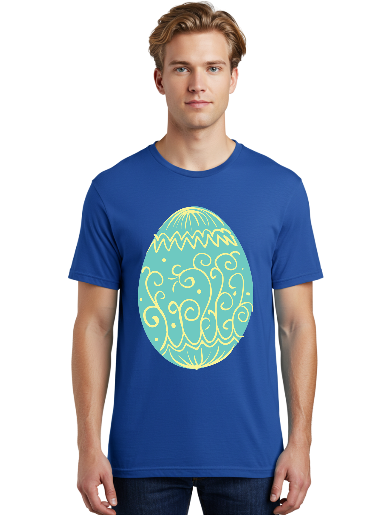 Decorated-Easter-Egg-1 Men'S Graphic Tee, 100% Cotton, Comfortable Casual Summer Wear, Machine Washable, Decorative Easter Egg, Yellow Swirls, Blue Egg, Festive Design, Spring Theme, Easter Symbol, Intricate Patterns, Abstract Art, Aac632