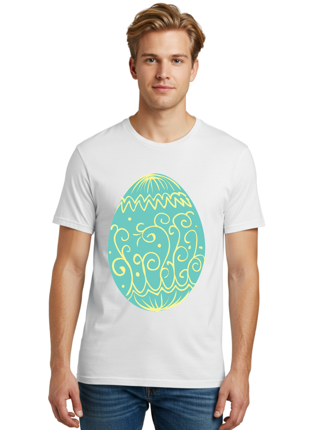 Decorated-Easter-Egg-1 Men'S Graphic Tee, 100% Cotton, Comfortable Casual Summer Wear, Machine Washable, Decorative Easter Egg, Yellow Swirls, Blue Egg, Festive Design, Spring Theme, Easter Symbol, Intricate Patterns, Abstract Art, Aac632