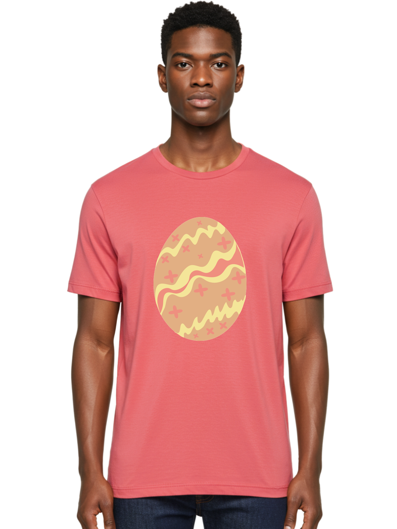 Decorated-Easter-Egg Men'S Graphic Tee, 100% Cotton, Comfortable Casual Summer Wear, Machine Washable, Easter Egg, Decorated Egg, Pastel Colors, Pink And Yellow Design, Cross Patterns, Wavy Lines, Spring Theme, Easter Decoration, Festive Egg Aac634