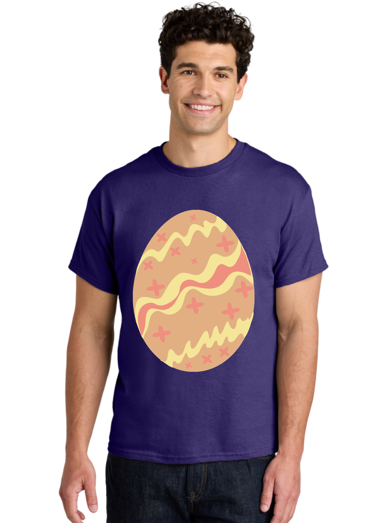 Decorated-Easter-Egg Men'S Graphic Tee, 100% Cotton, Comfortable Casual Summer Wear, Machine Washable, Easter Egg, Decorated Egg, Pastel Colors, Pink And Yellow Design, Cross Patterns, Wavy Lines, Spring Theme, Easter Decoration, Festive Egg Aac634