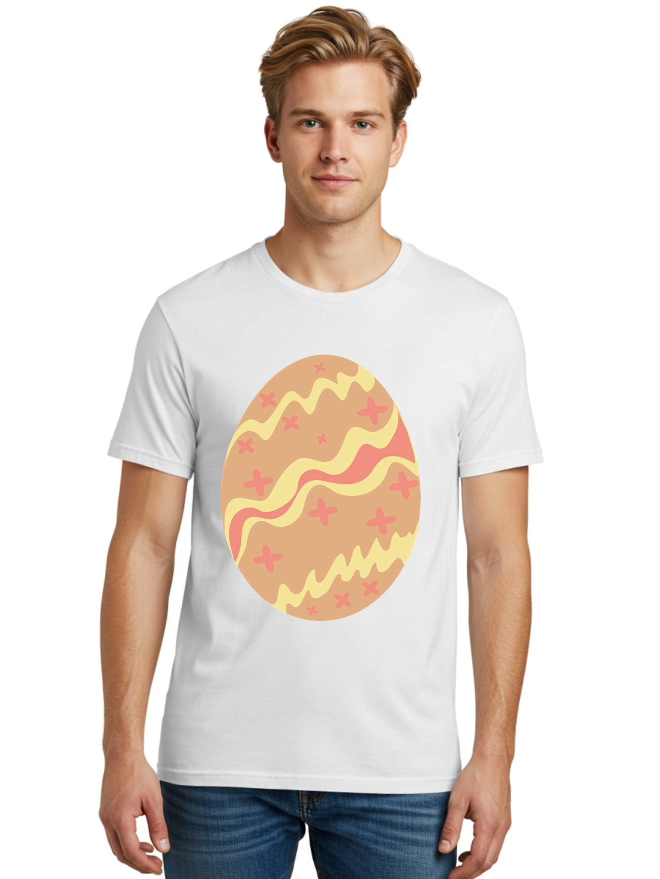 Decorated-Easter-Egg Men'S Graphic Tee, 100% Cotton, Comfortable Casual Summer Wear, Machine Washable, Easter Egg, Decorated Egg, Pastel Colors, Pink And Yellow Design, Cross Patterns, Wavy Lines, Spring Theme, Easter Decoration, Festive Egg Aac634