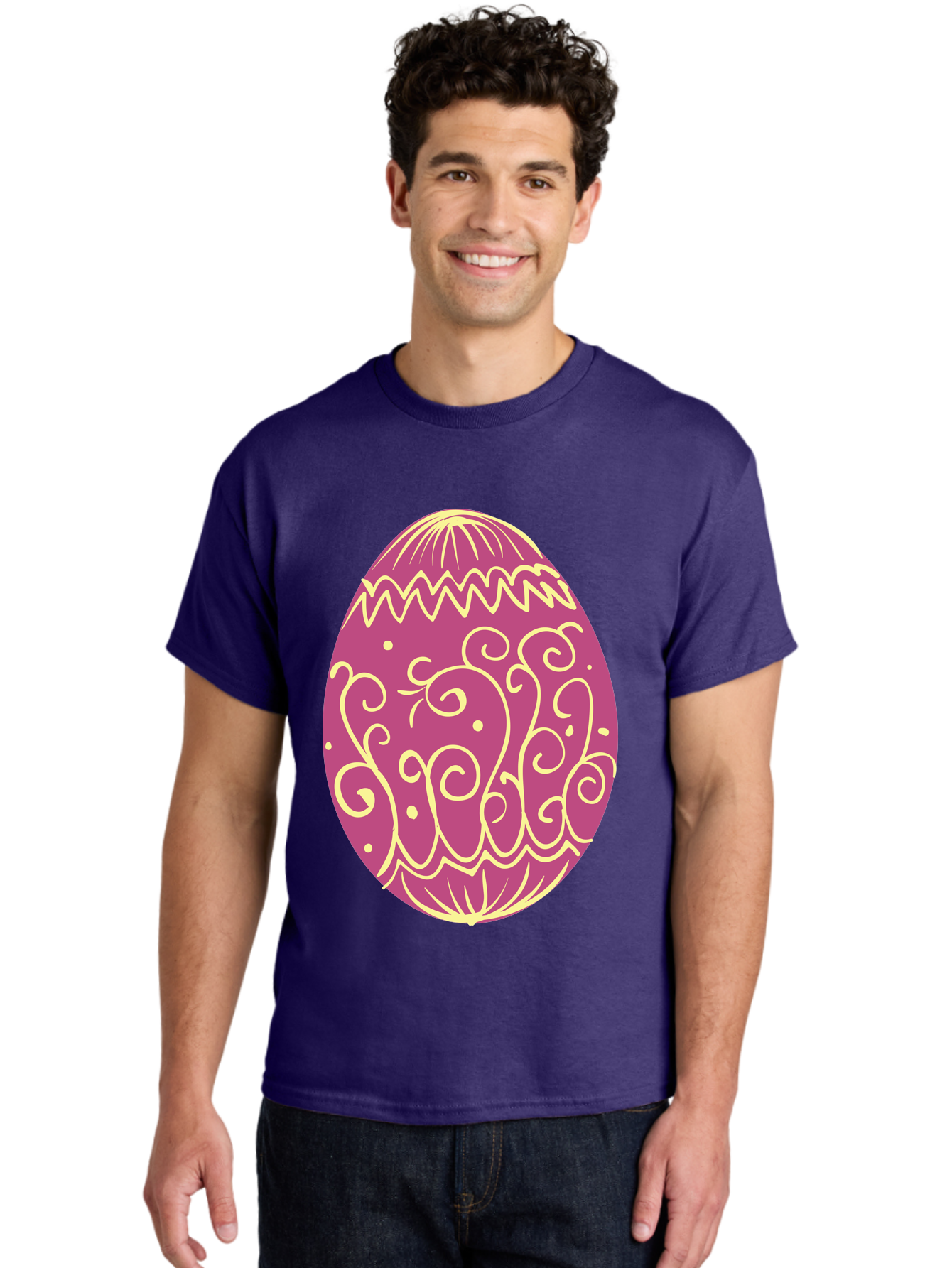 Decorated-Egg Men'S Graphic Tee, 100% Cotton, Comfortable Casual Summer Wear, Machine Washable, Decorated Easter Egg, Purple And Gold, Intricate Designs, Swirling Patterns, Festive Colors, Easter Celebration, Spring Decoration, Ornate Egg Aac635