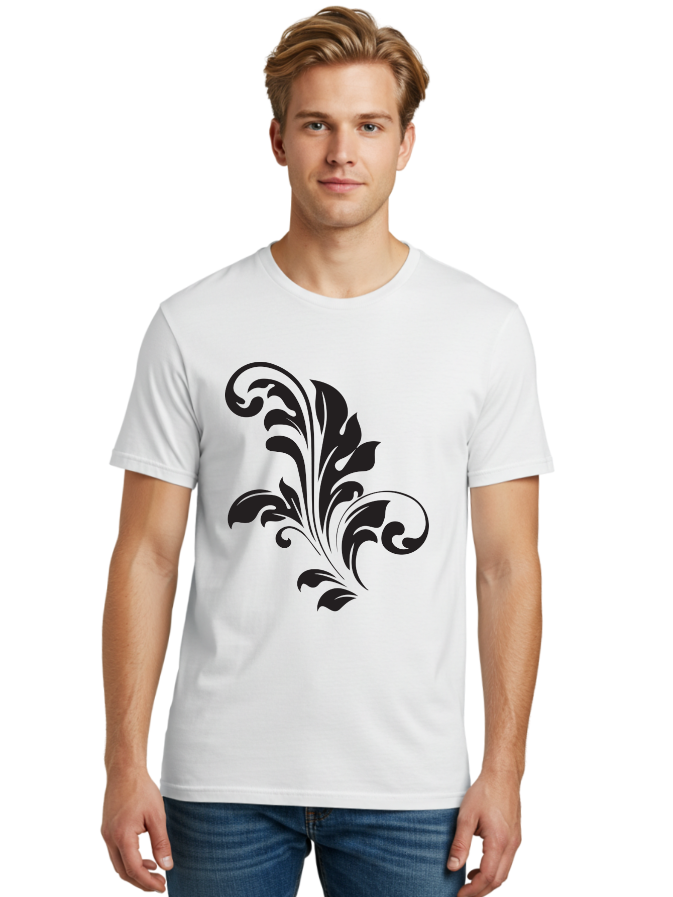 Decorative-Leaf-Pattern Men'S Graphic Tee, 100% Cotton, Comfortable Casual Summer Wear, Machine Washable, Floral Pattern, Leaf Design, Luxury Decor, Elegant Motifs, Intricate Details, Ornate Style, Classic Design Elements, Decorative Art Aac636