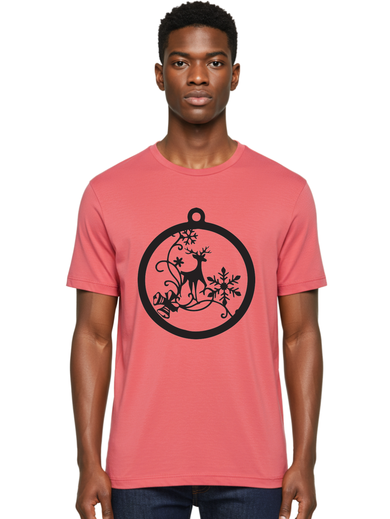 Deer-And-Snowflakes-Ornament Men'S Graphic Tee, 100% Cotton, Comfortable Casual Summer Wear, Machine Washable, Reindeer Silhouette, Christmas Decoration, Festive Design, Winter Wonderland, Holiday Decor, Snowflakes, Leaves, Aac637