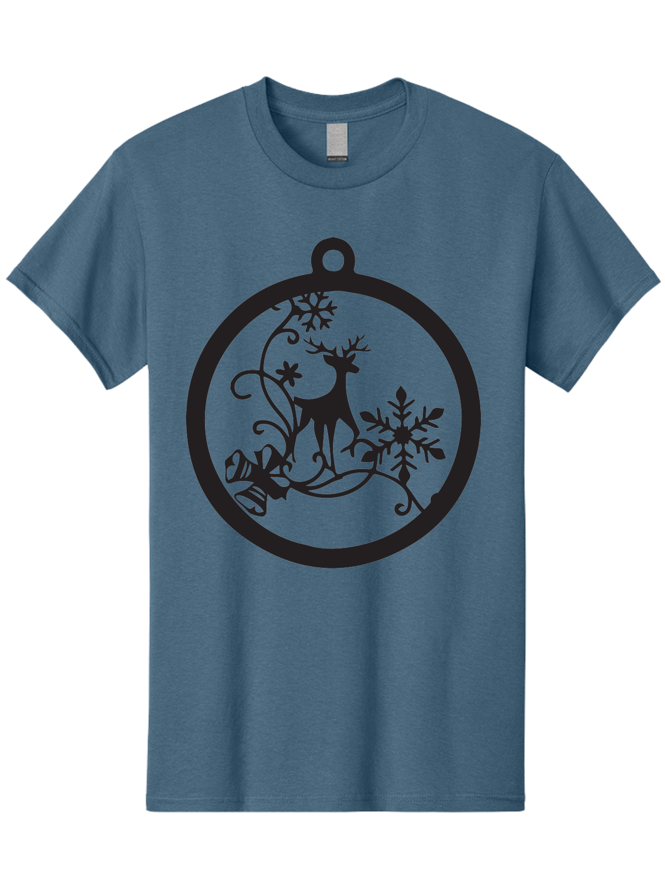 Deer-And-Snowflakes-Ornament Men'S Graphic Tee, 100% Cotton, Comfortable Casual Summer Wear, Machine Washable, Reindeer Silhouette, Christmas Decoration, Festive Design, Winter Wonderland, Holiday Decor, Snowflakes, Leaves, Aac637