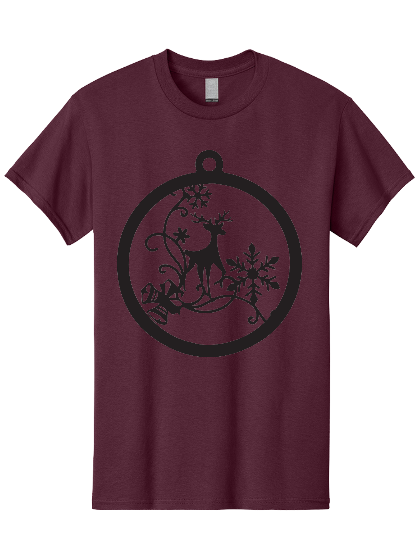 Deer-And-Snowflakes-Ornament Men'S Graphic Tee, 100% Cotton, Comfortable Casual Summer Wear, Machine Washable, Reindeer Silhouette, Christmas Decoration, Festive Design, Winter Wonderland, Holiday Decor, Snowflakes, Leaves, Aac637