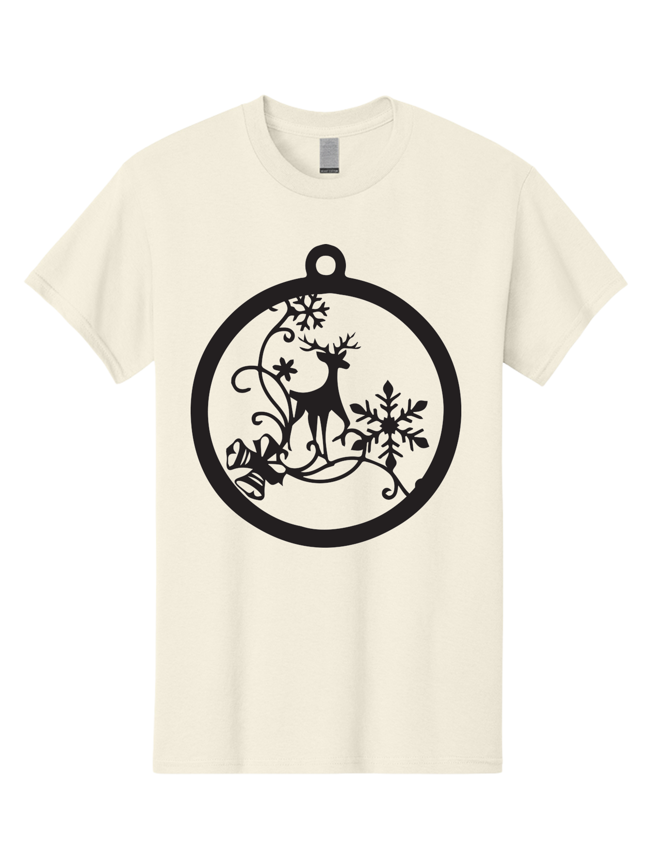 Deer-And-Snowflakes-Ornament Men'S Graphic Tee, 100% Cotton, Comfortable Casual Summer Wear, Machine Washable, Reindeer Silhouette, Christmas Decoration, Festive Design, Winter Wonderland, Holiday Decor, Snowflakes, Leaves, Aac637